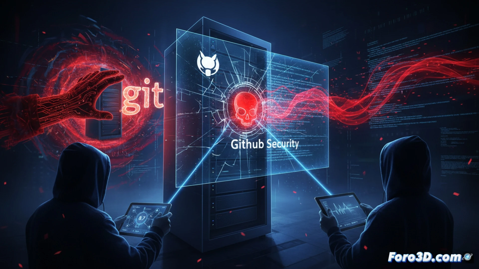 Un hacker teclea un push malicioso en un repositorio de GitHub, con una terminal mostrando código inyectado y un servidor ardiendo en rojo.