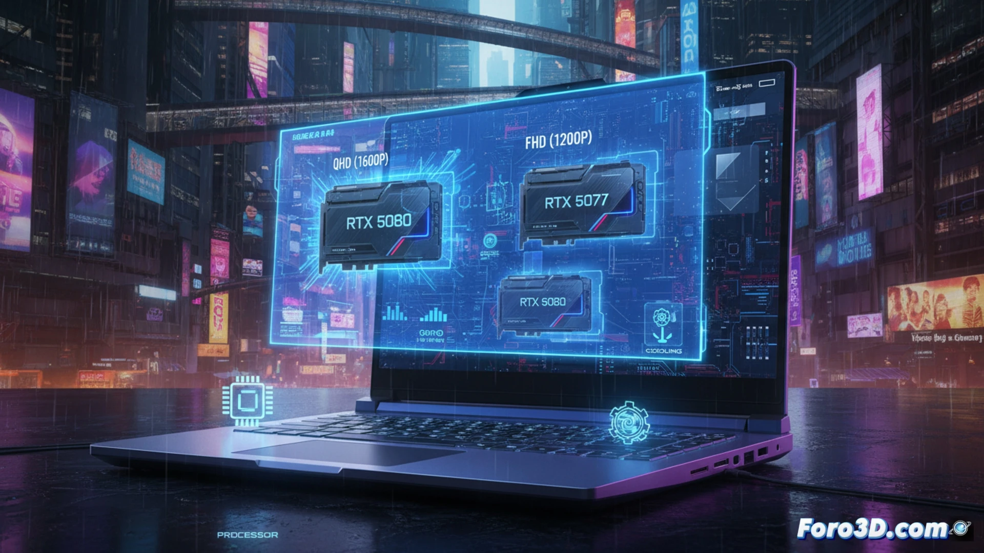 Un portátil gaming ejecuta Cyberpunk 2077 con gráficos RT Ultra, mostrando una escena nocturna futurista de Night City llena de luces de neón y detalles.