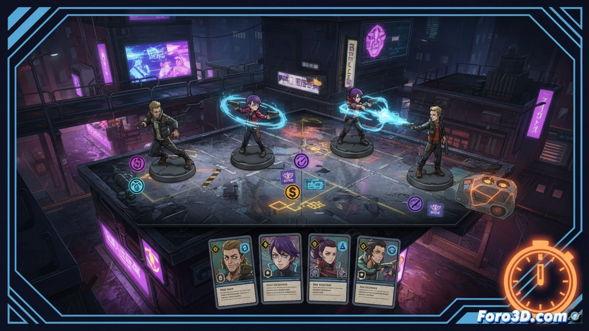 Ilustración colorida del juego de mesa Cyberpunk: Edgerunners - Hunted, con fichas de los personajes sobre un mapa nocturno de Night City.