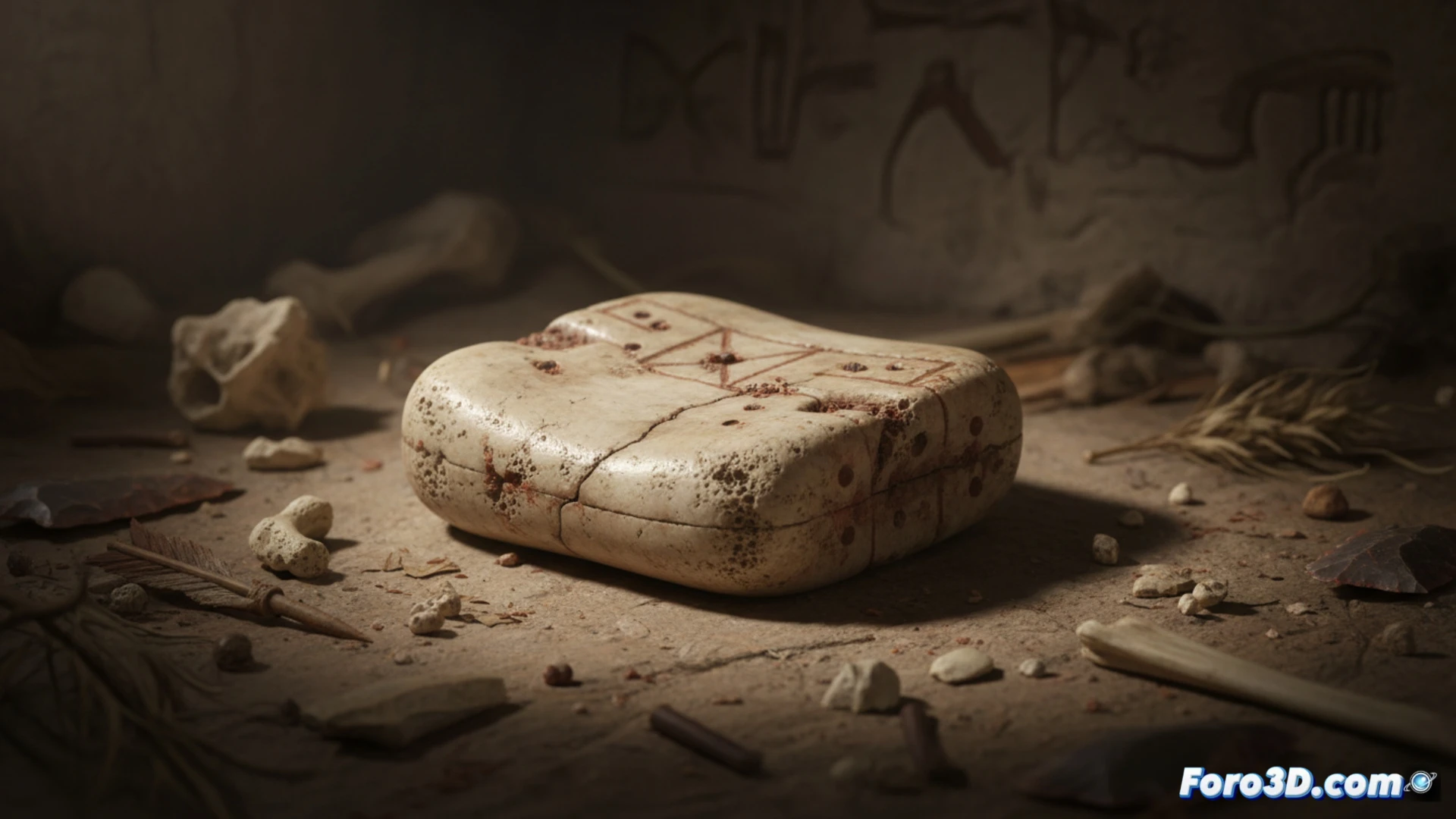 Reconstruccion digital 3D de un dado prehistorico de hueso tallado, mostrando sus marcas y textura sobre un fondo oscuro.