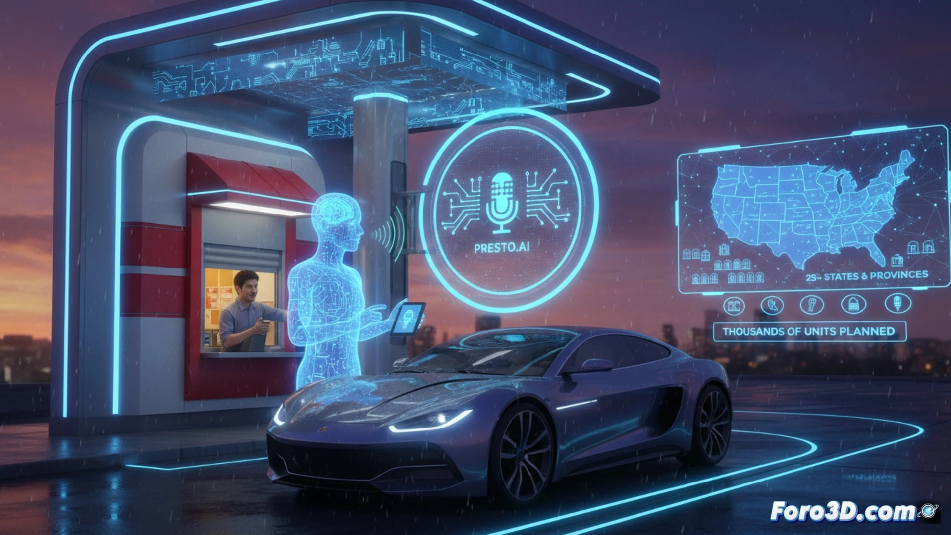 Un cliente en el drive-thru de Dairy Queen habla con una pantalla que muestra el logo de Presto Voice AI.