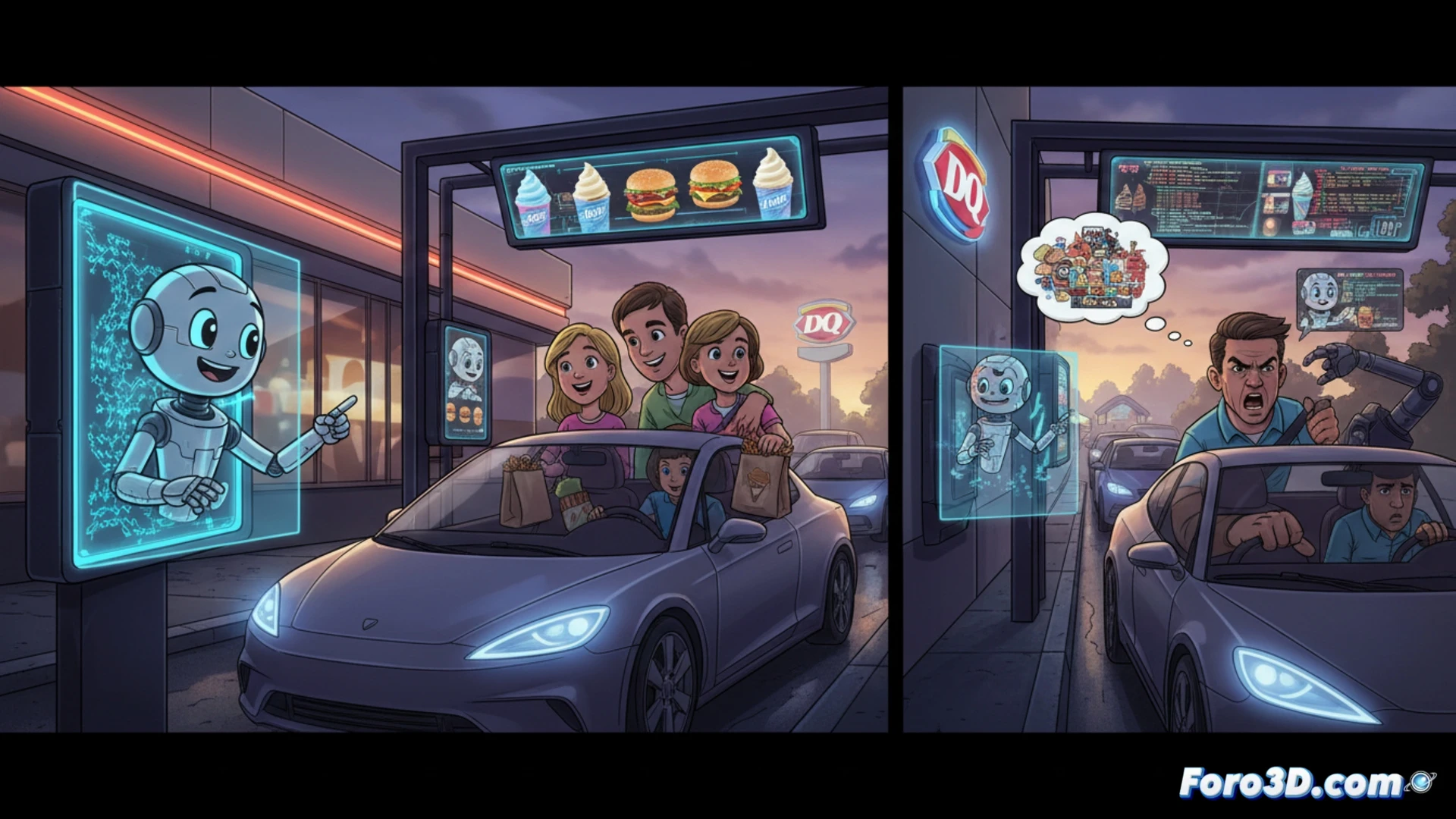 Una ventanilla de autoservicio de Dairy Queen con una pantalla que muestra un chatbot de IA tomando un pedido.