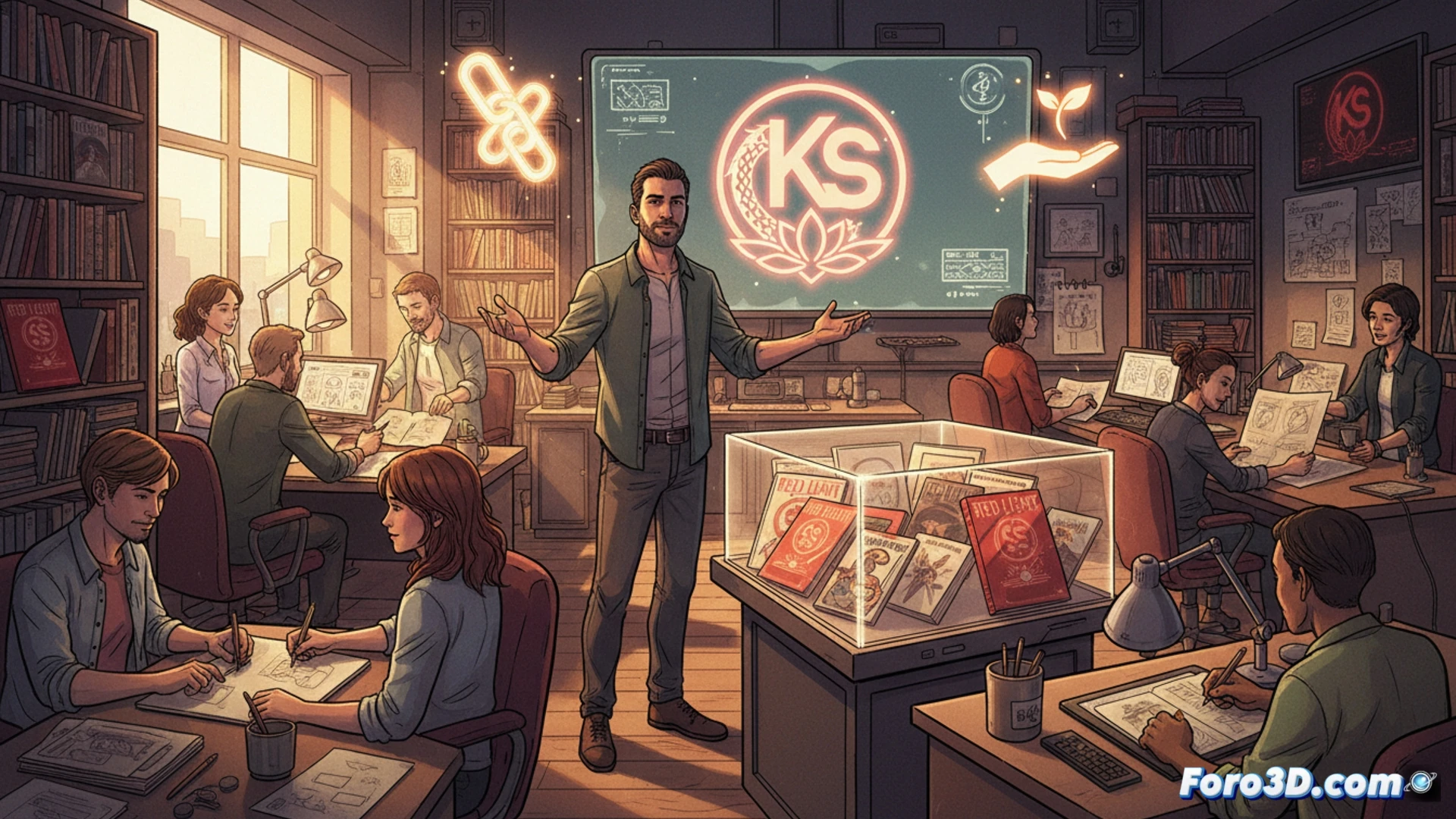 Un hombre presenta orgulloso libros de su nuevo sello editorial, 'Kinjin Storylab', en una mesa llena de manuscritos y novelas gráficas.