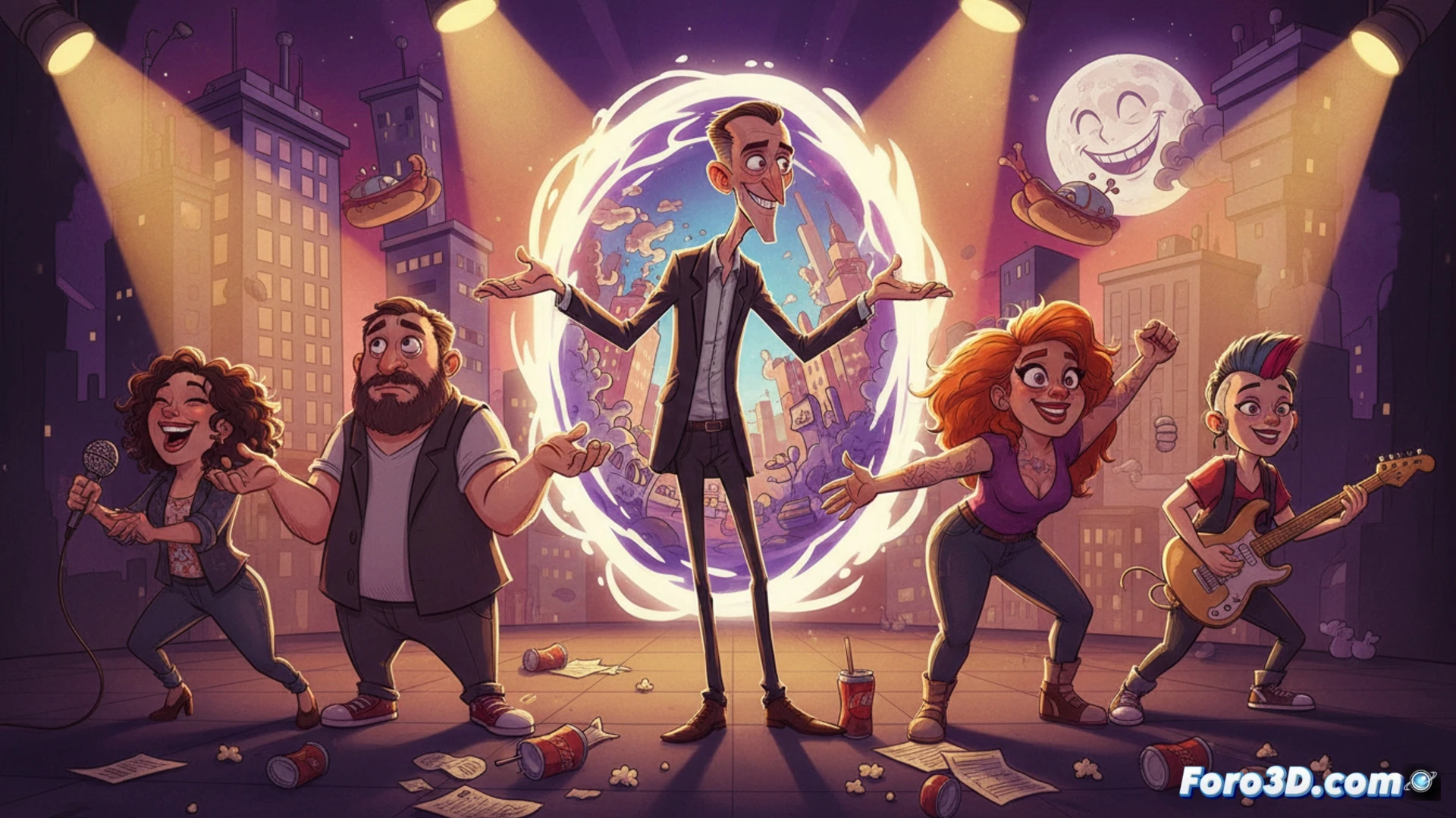 Una vibrante escena animada muestra a seis personajes caricaturescos, con expresiones cómicas y gestos exagerados, listos para la sátira de Absurdaverse.