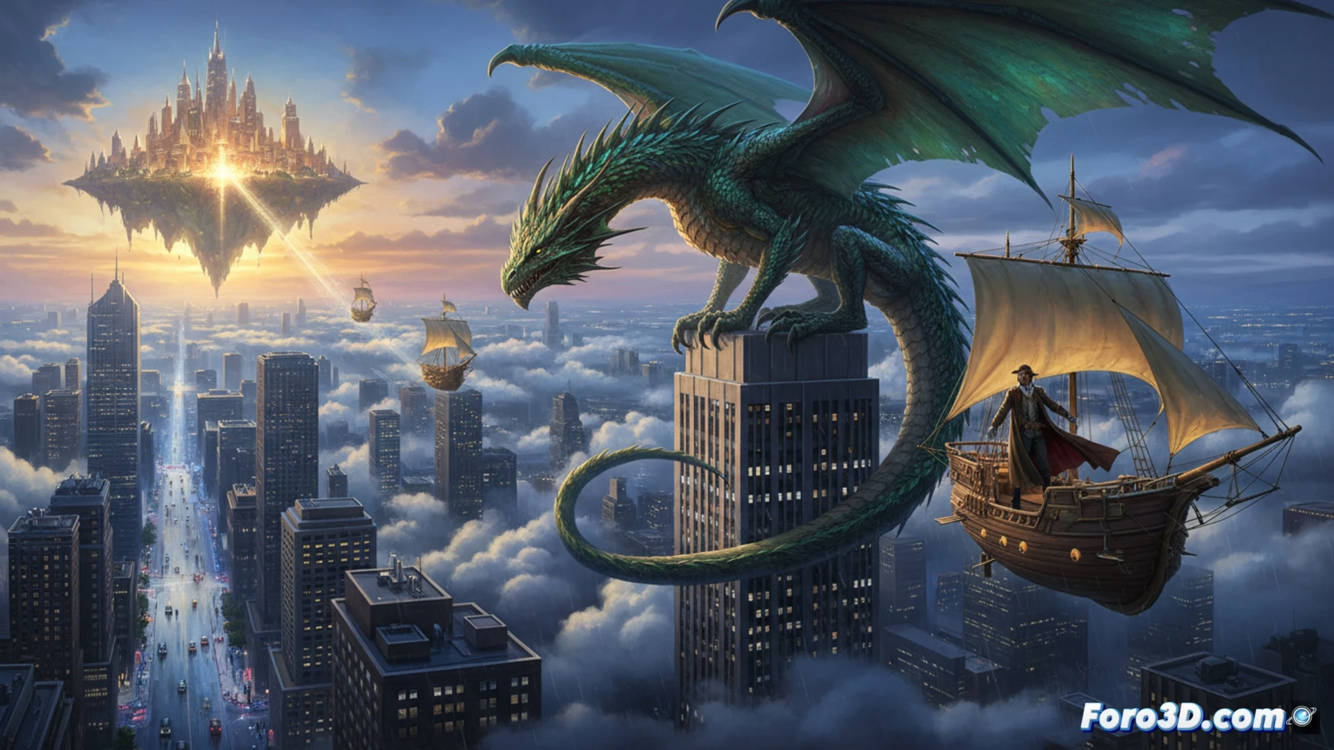 Un dragón realista descansa en un tejado urbano, bajo un cielo tormentoso de pinceladas clásicas.