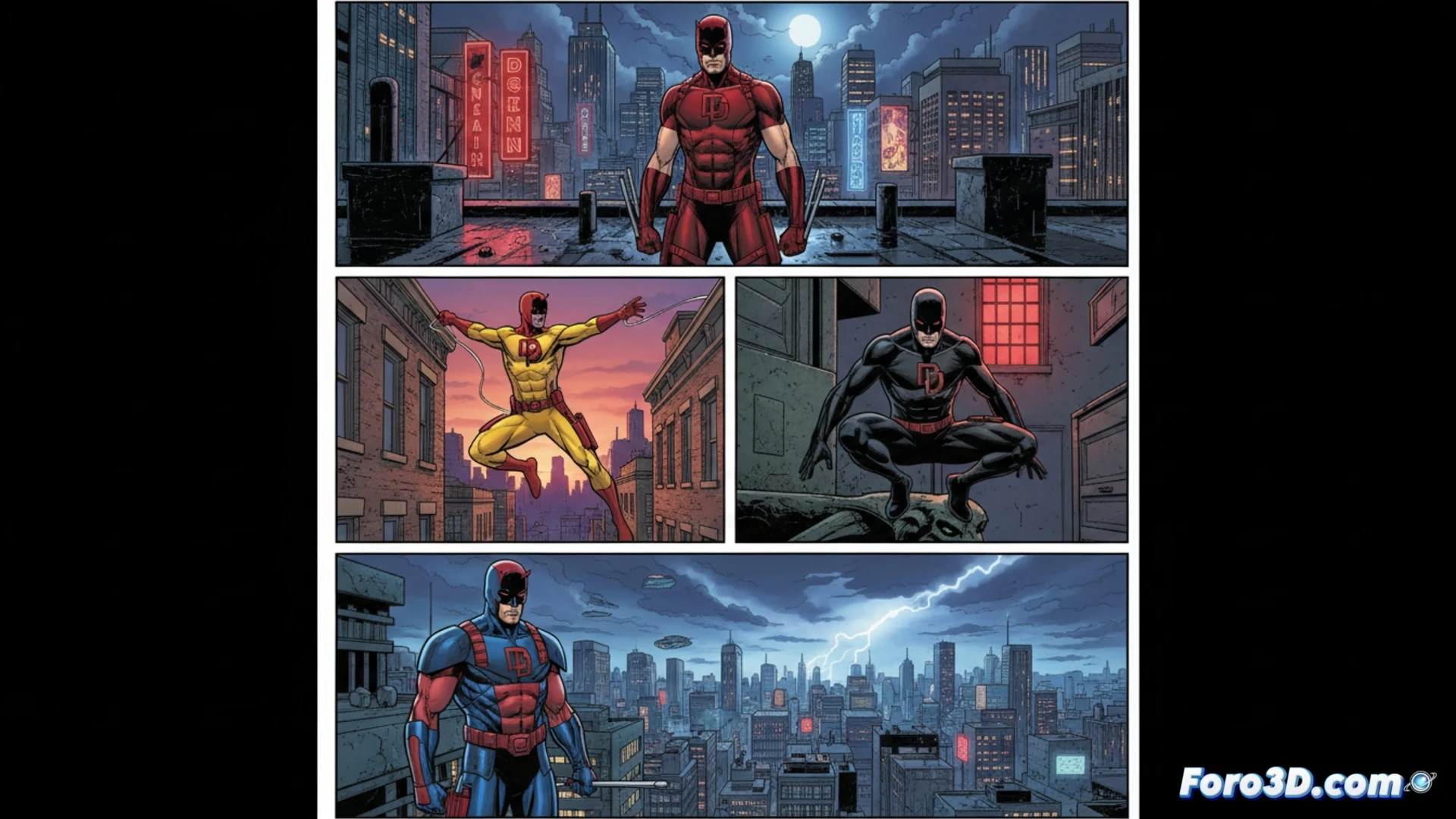 Matt Murdock patrulla, cambiando de traje en cada viñeta: un viaje visual por 62 años de la icónica evolución de Daredevil.