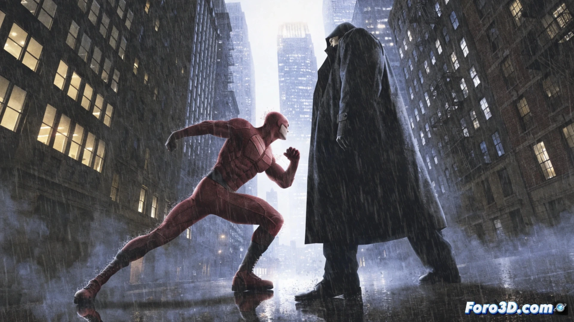 Matt Murdock como Daredevil en un tejado, con la ciudad de Nueva York iluminada de noche al fondo.