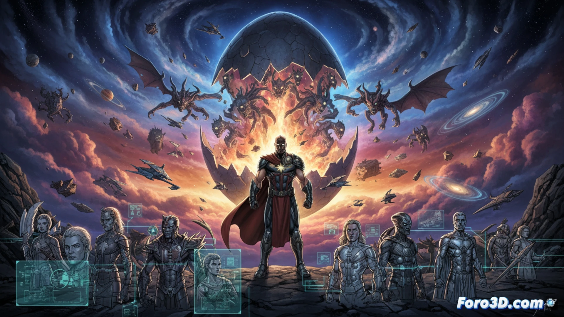 Un libro de arte abierto mostrando bocetos de personajes cósmicos y escenarios alienígenas vibrantes.