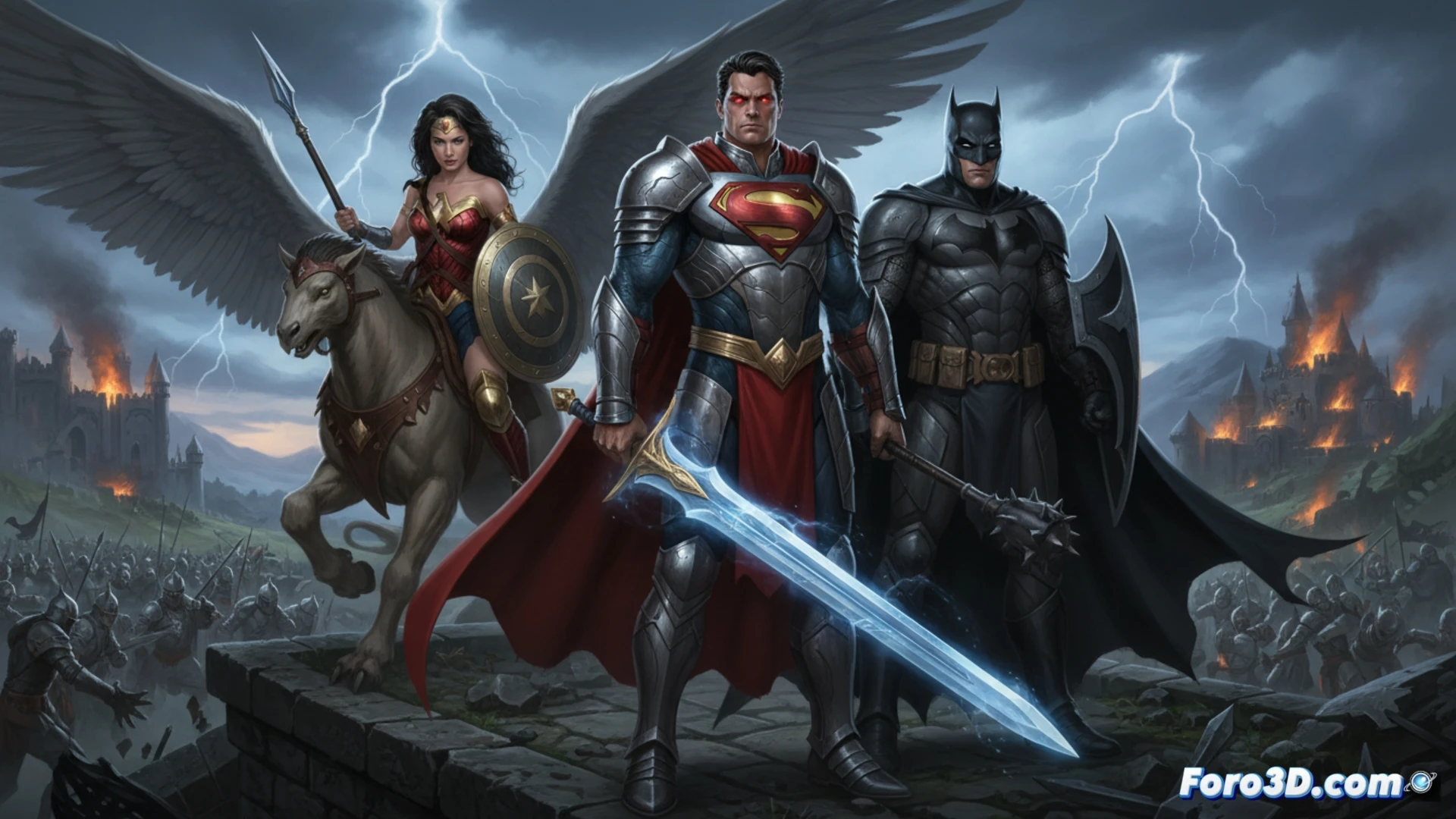 Un caballero con capa y escudo con la 'S' enfrenta a un ejército oscuro bajo un cielo de fuego y dragones.