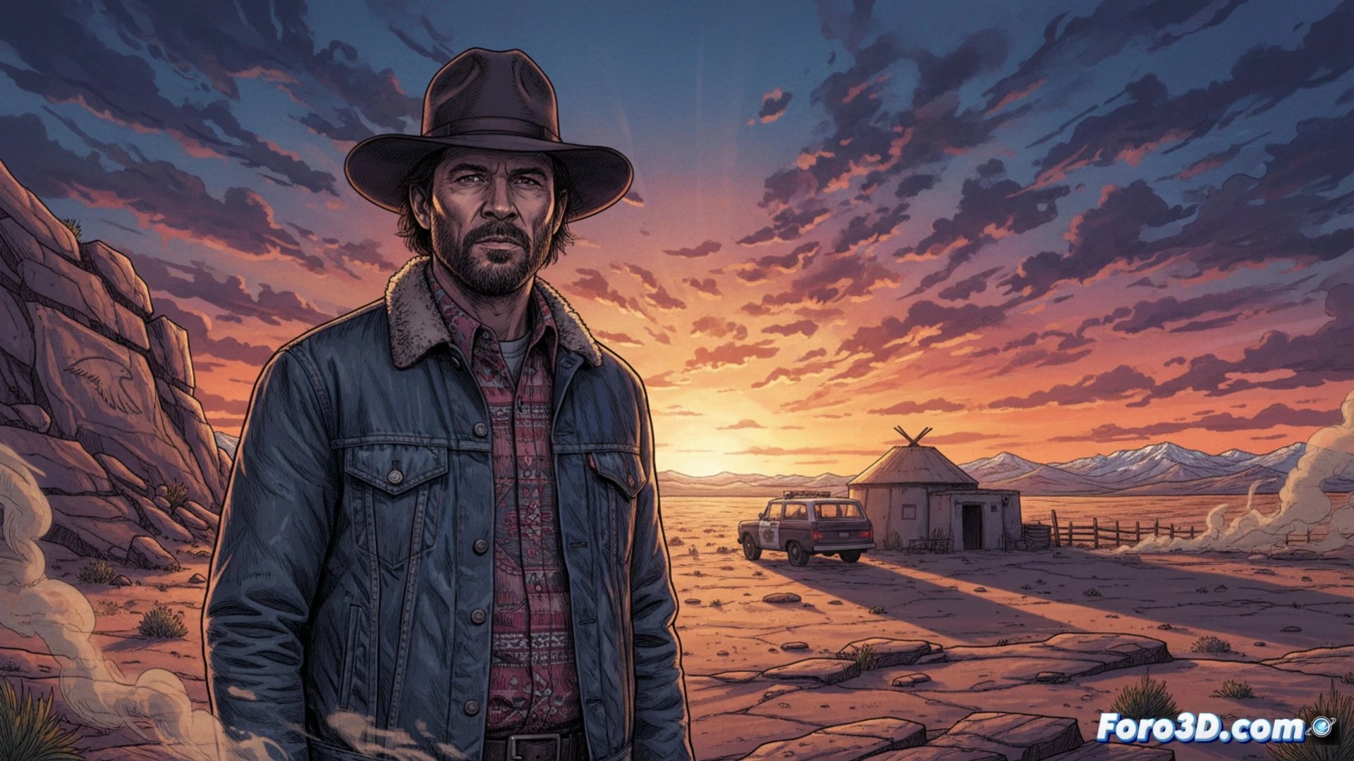 Un primer plano de Zahn McClarnon como el teniente Joe Leaphorn, con mirada intensa y el paisaje árido de la Nación Navajo al fondo.