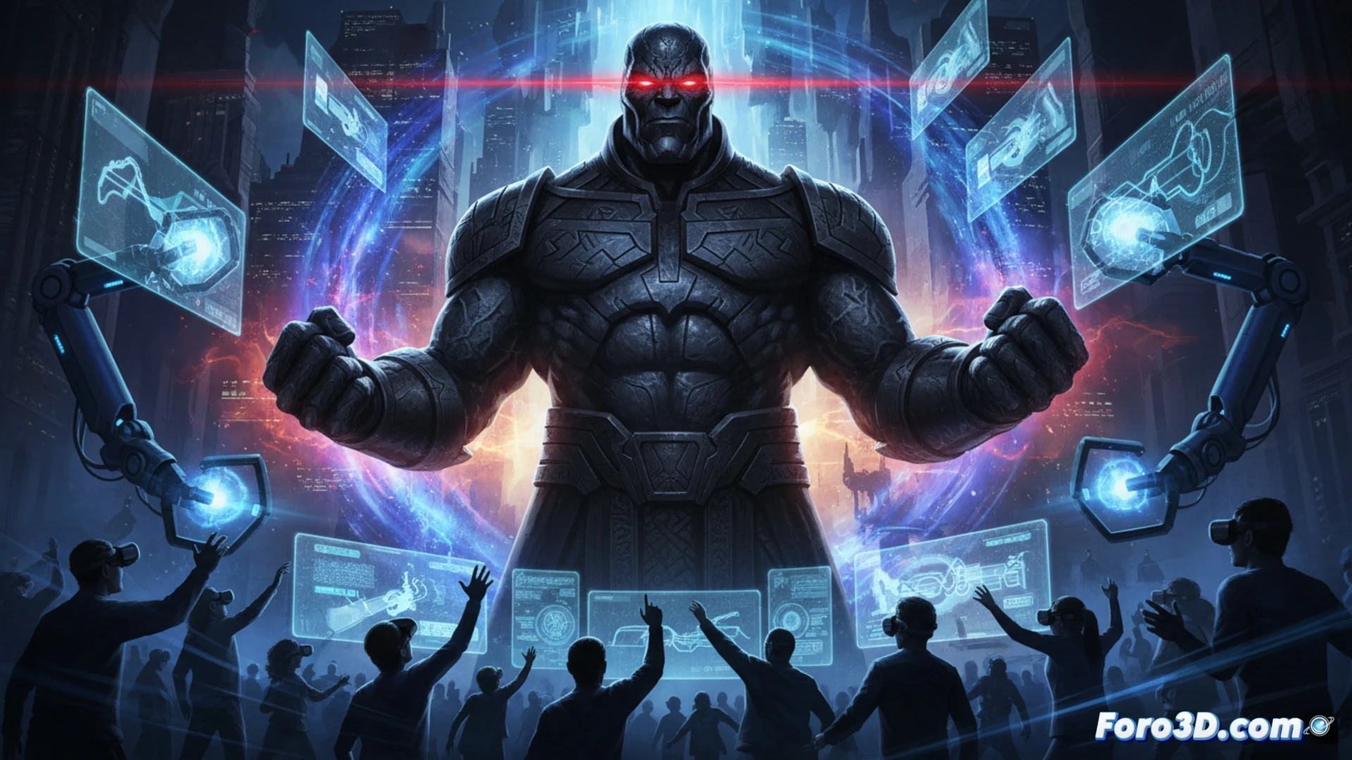 Una figura colosal de Darkseid domina una atracción inmersiva, con el símbolo de Superman brillando en primer plano.