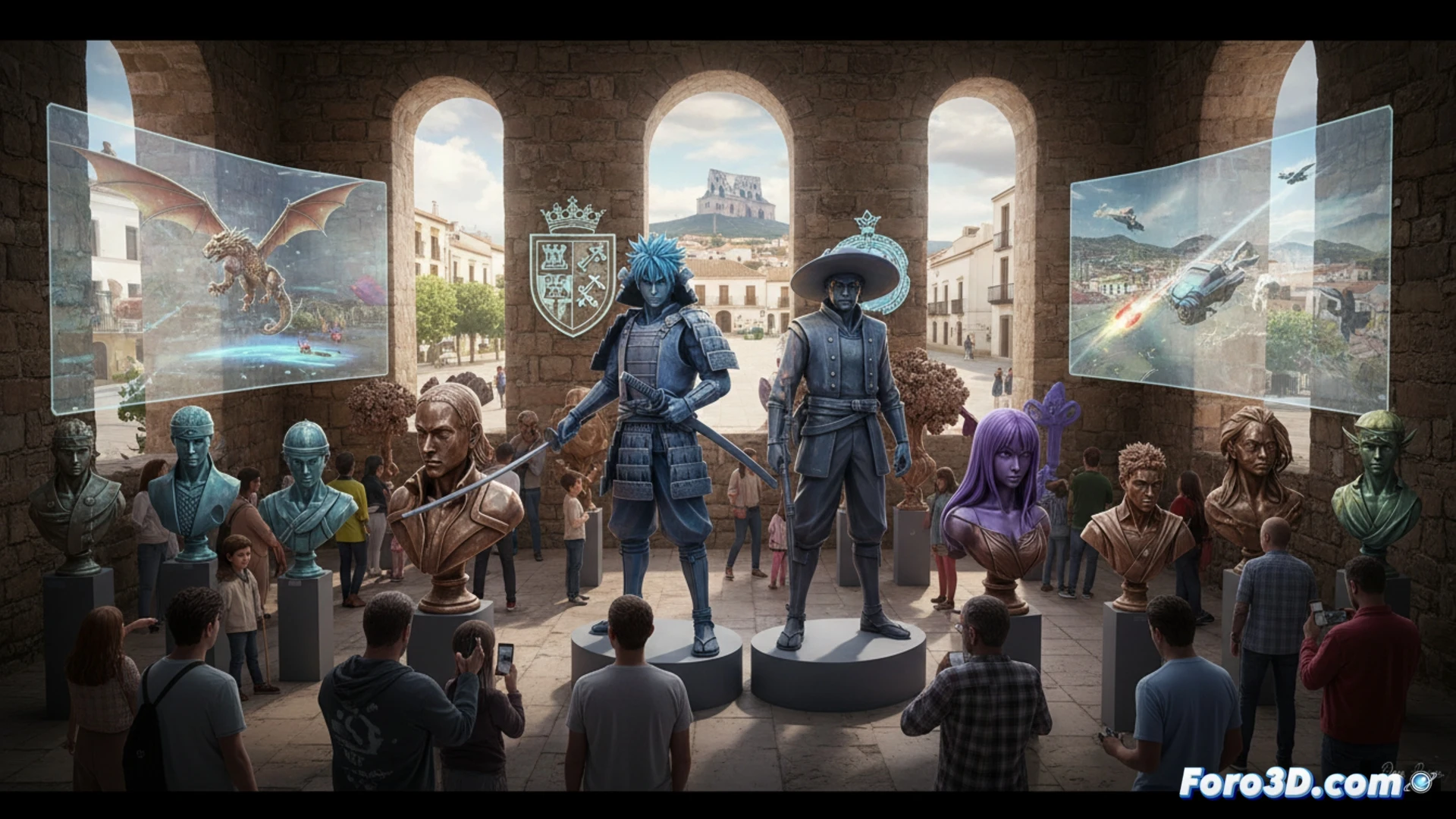 Una escultura 3D de un samurái anime junto a la antigua muralla de San Roque, fusionando historia local y cultura pop.