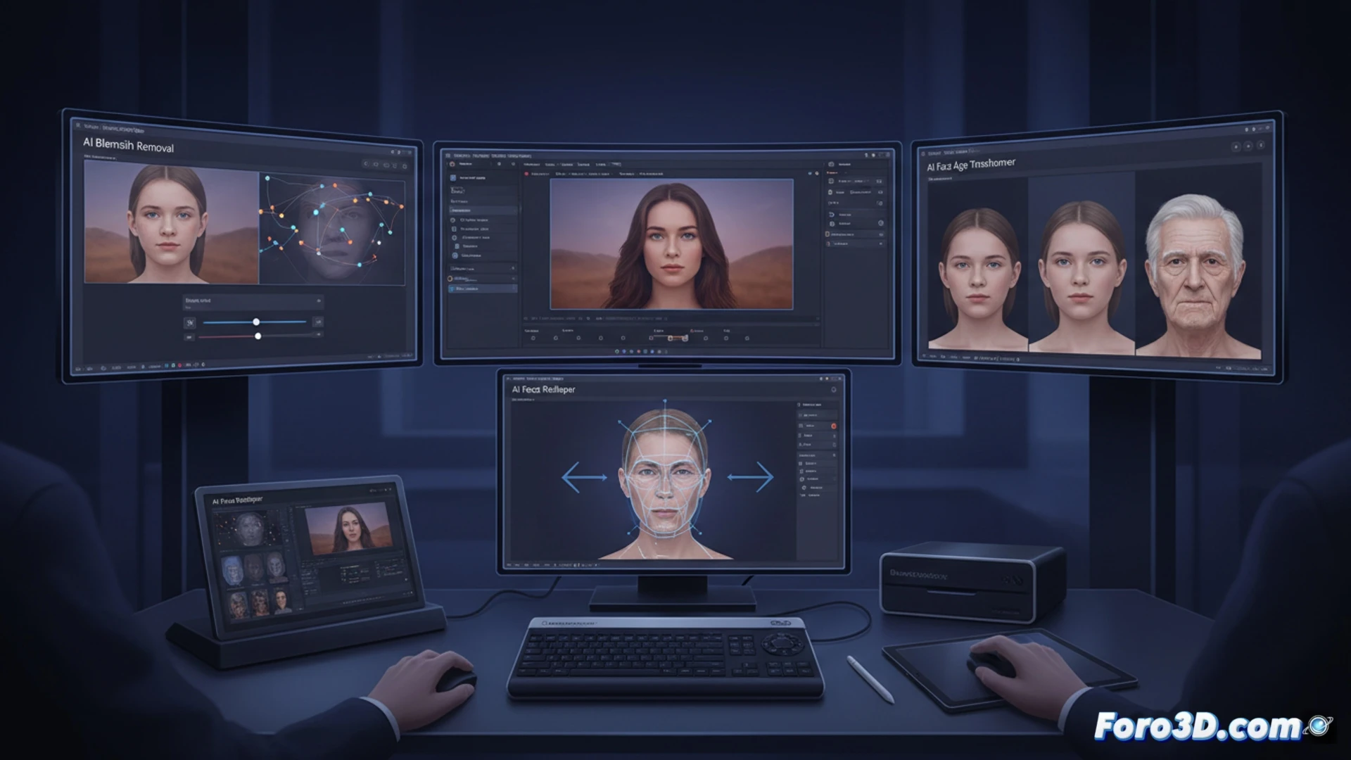 Una interfaz con la nueva página Foto abierta, mostrando herramientas de IA para retoque facial y corrección de color sobre una imagen fija.