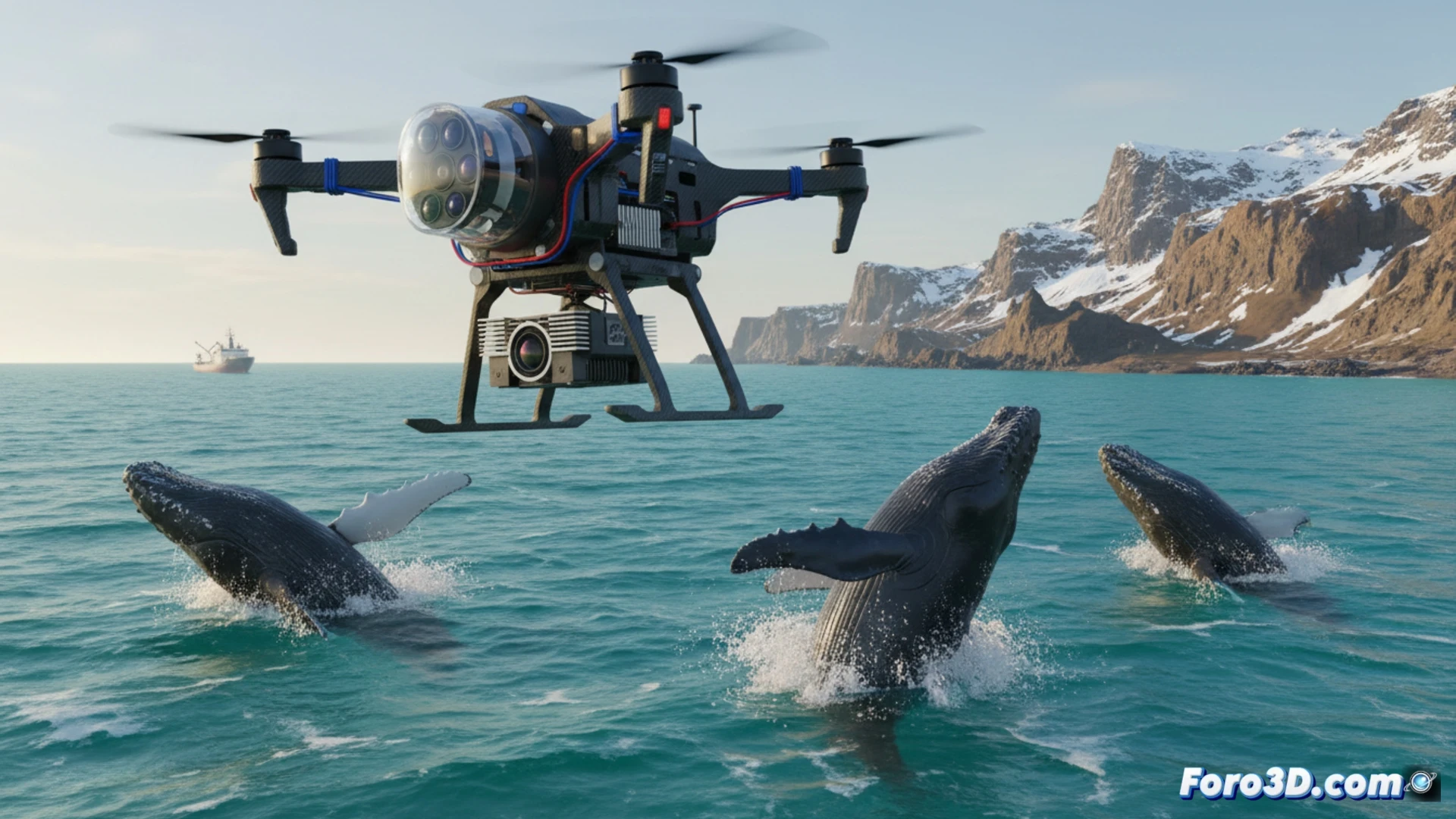 Un sensor blanco sobre una ballena jorobada en aguas heladas, con mapa mundial de seis continentes al fondo.