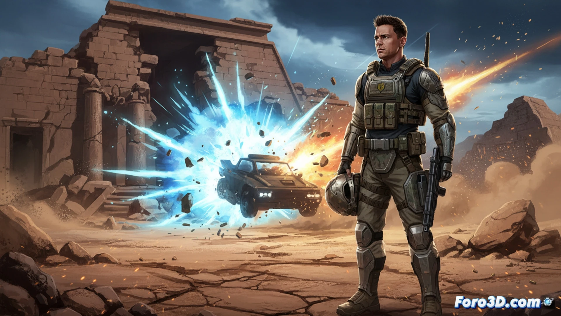 Channing Tatum en un momento de reflexion, con imagenes de G.I. Joe y proyectos artisticos de fondo.