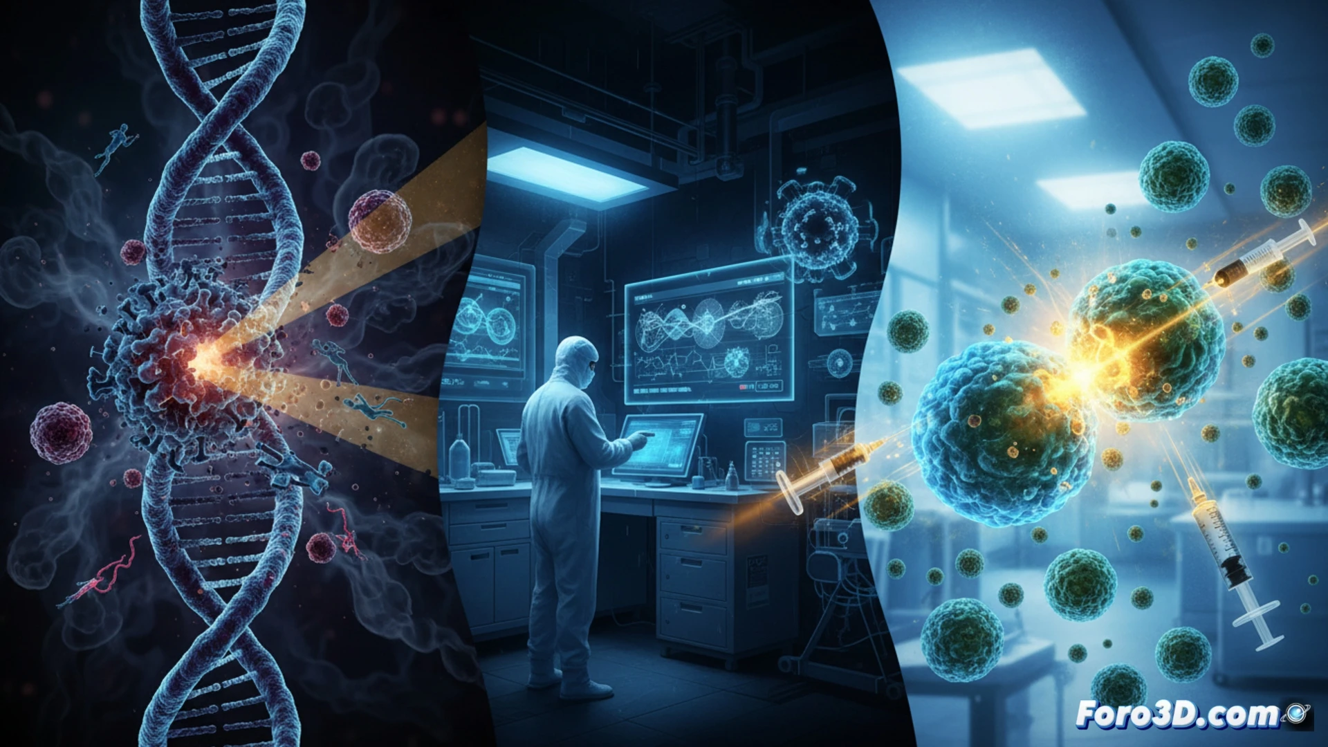 Un médico analiza datos genéticos de un tumor junto a gráficos de inmunoterapia.