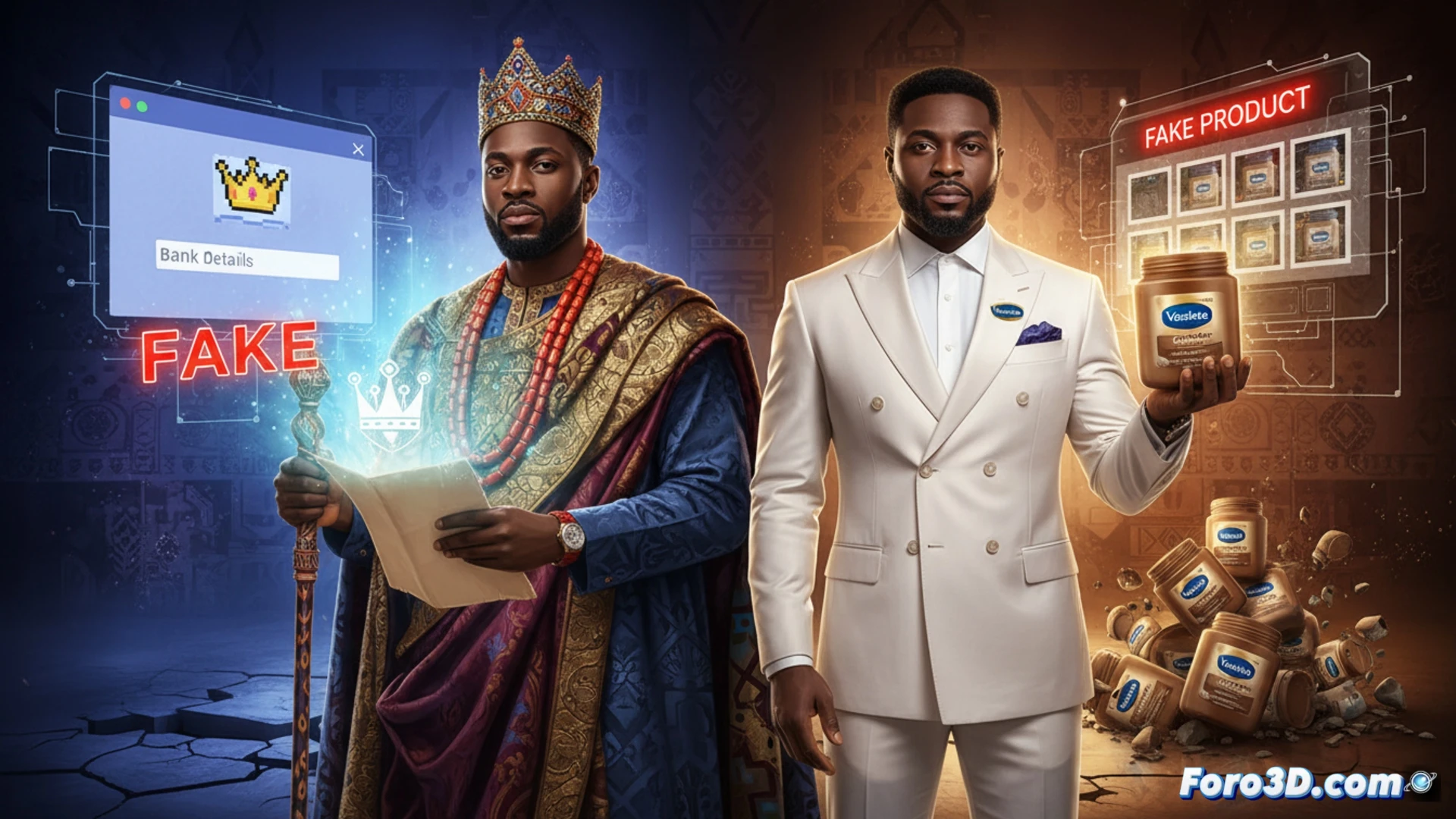 Un príncipe nigeriano real sostiene un frasco auténtico de Vaseline, desafiando con una mirada seria las falsificaciones y estafas digitales.