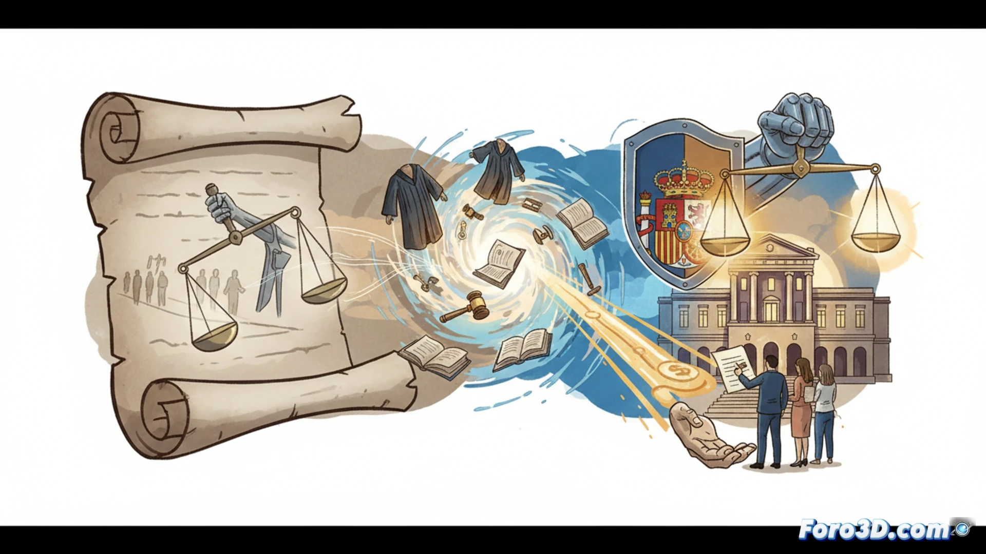 Un juez estudia la Constitución junto a documentos de prestaciones sociales, simbolizando su exigibilidad judicial.