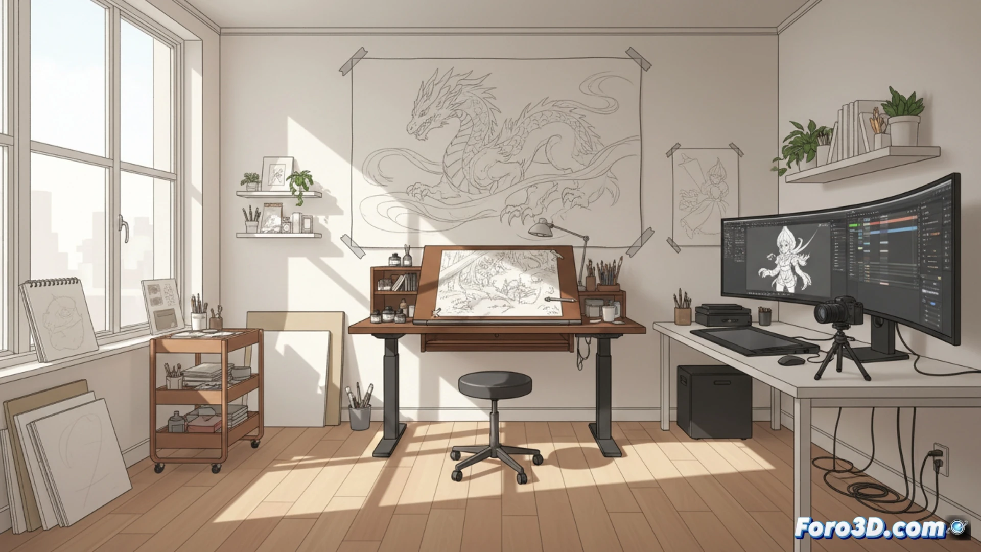 Estudio luminoso con tres zonas de trabajo: caballete para dibujos grandes, escritorio tradicional y mesa digital. Sin sofá ni TV.