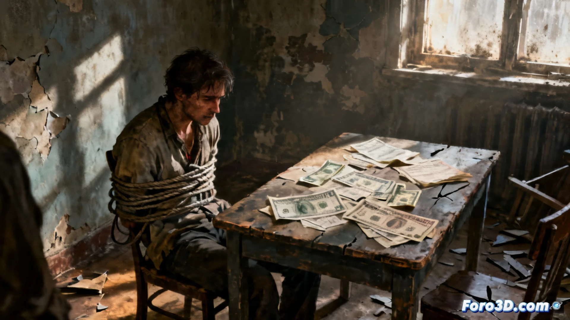 Un hombre desesperado y un niño cautivo en una casa oscura, reflejo de una América en crisis financiera.