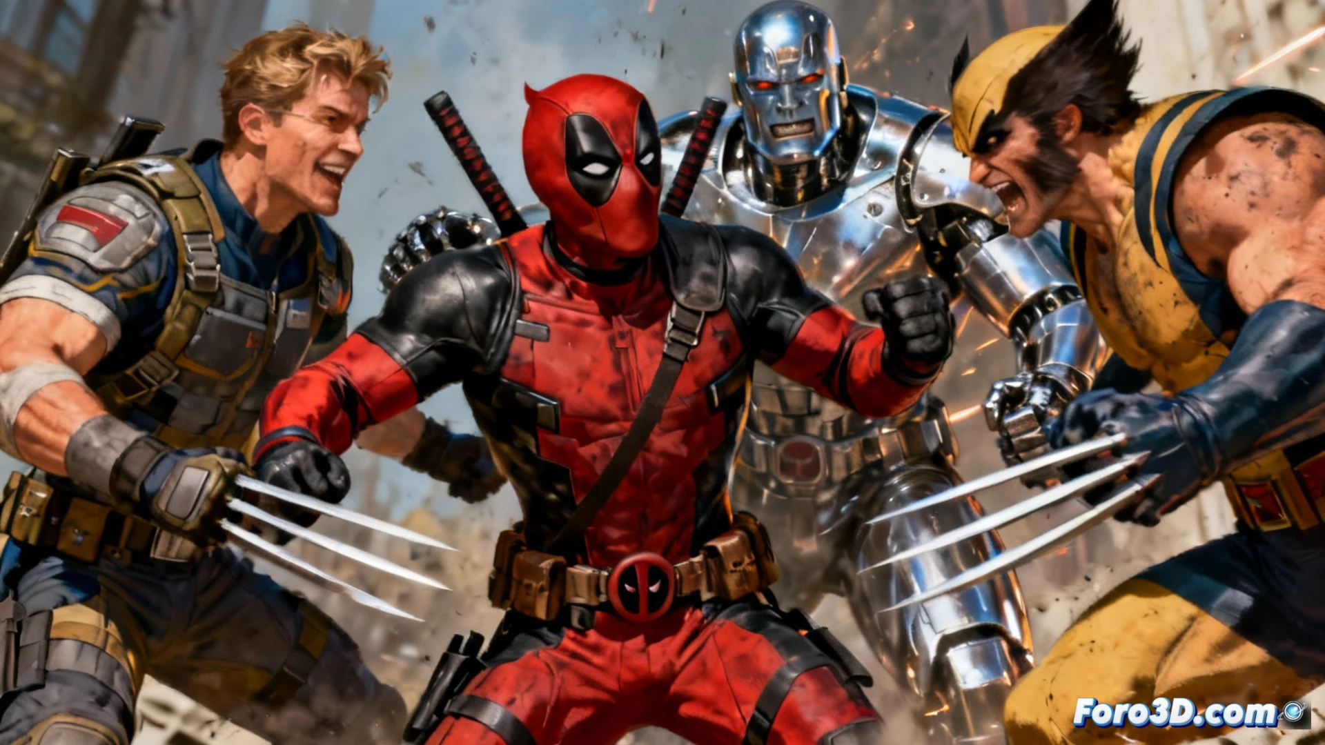 Deadpool en segundo plano, observando a héroes serios del UCM, con una expresión de aburrimiento cómico.