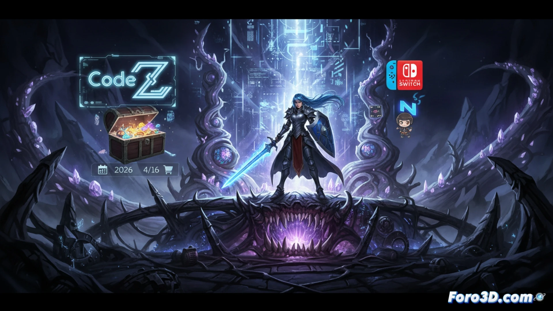 Una caja física de Switch con arte gótico y personajes en un mundo digital corrupto.