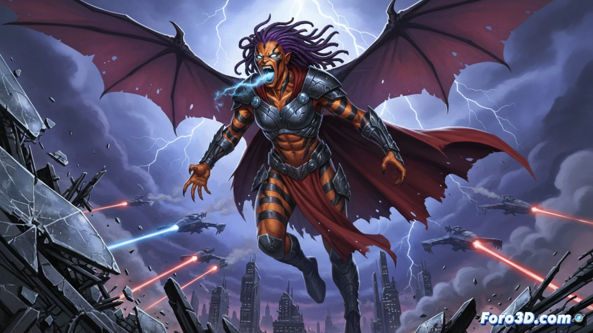 Una guerrera shi'ar con armadura metálica y garras, lista para la batalla, con una actitud feroz y disruptiva.