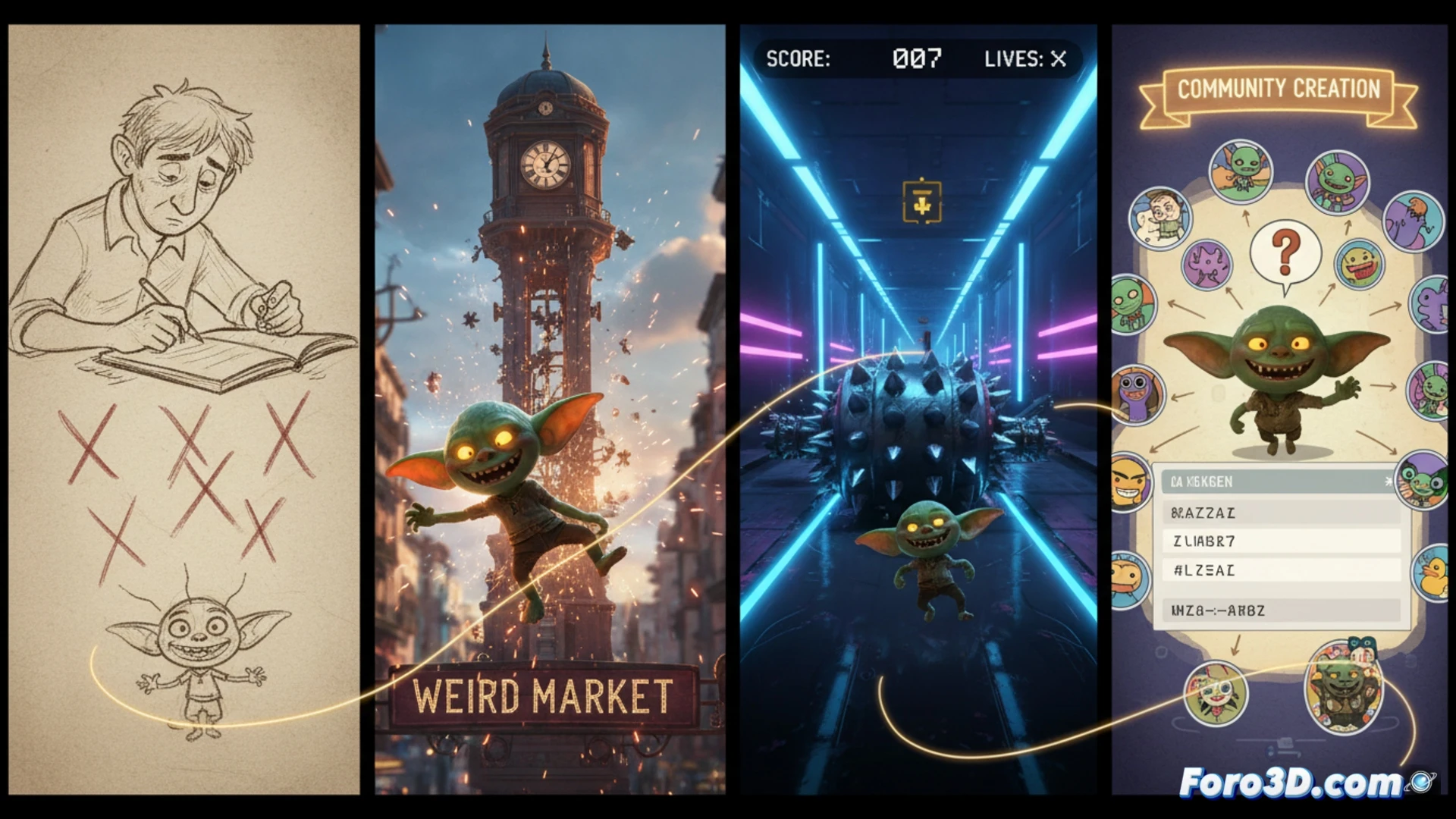 Un duende verde yace en el suelo, pero ya se levanta. Fondo gris de taller agotador, luces parpadeantes. Bocetos y píxeles rodean su ciclo infinito de muerte y resurrección.