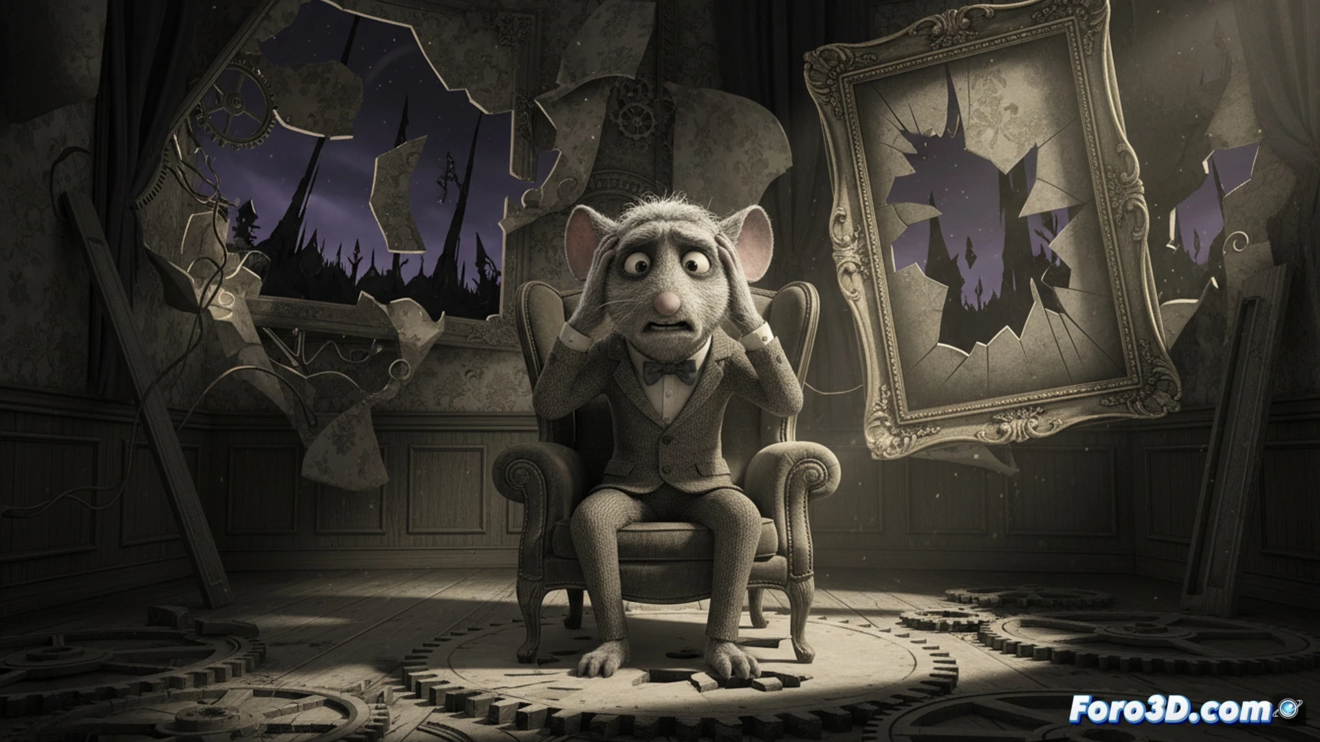 Un ratón gris de mediana edad, con ojos nerviosos, mira un decorado teatral agrietado, simbolizando su crisis existencial en tonos surrealistas.