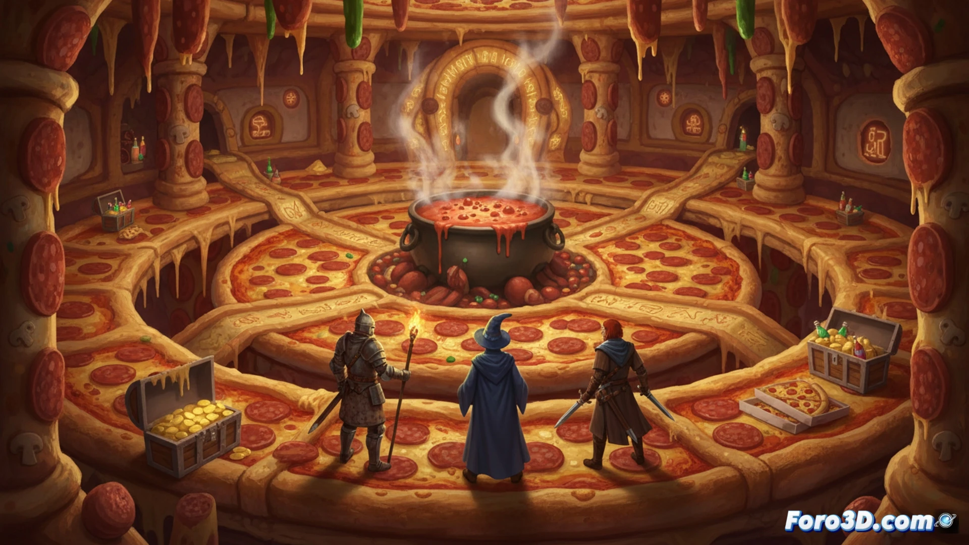 Pizza gigante con rebanadas abiertas revela mazmorras brillantes, tres héroes pixel art la exploran con antorchas.