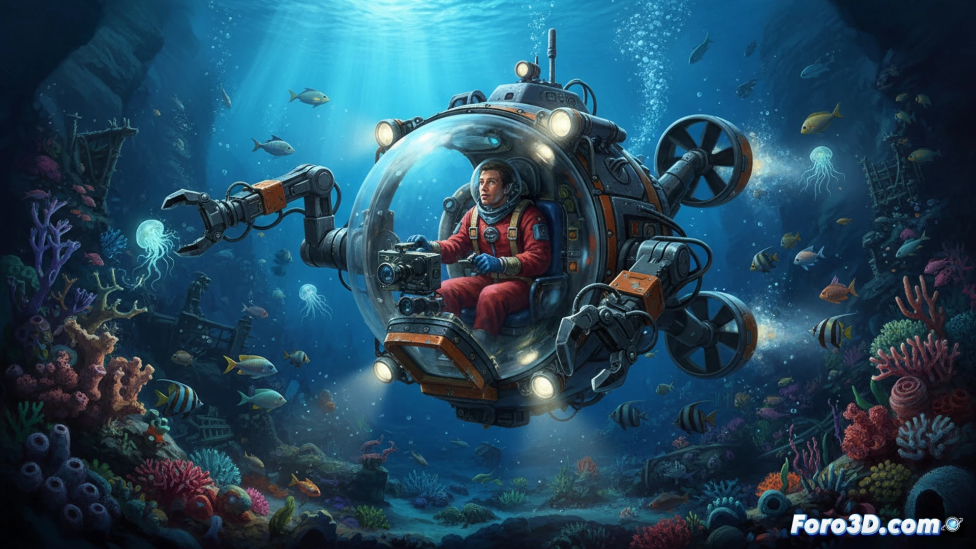 El sumergible Deep Rover con su cabina esferica de acrilico, sumergido en las profundidades del oceano.