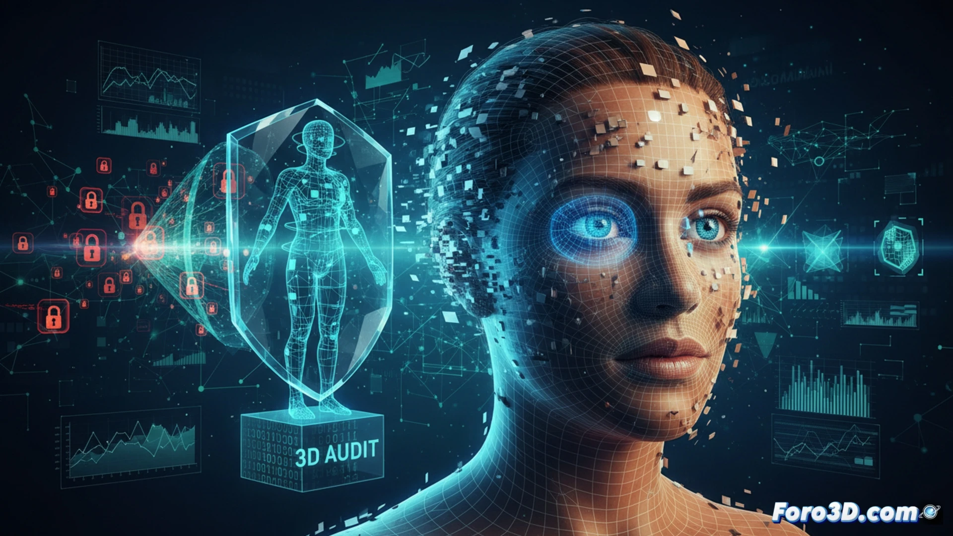 Representación 3D de un rostro digital siendo analizado por una malla de puntos de verificación forense.