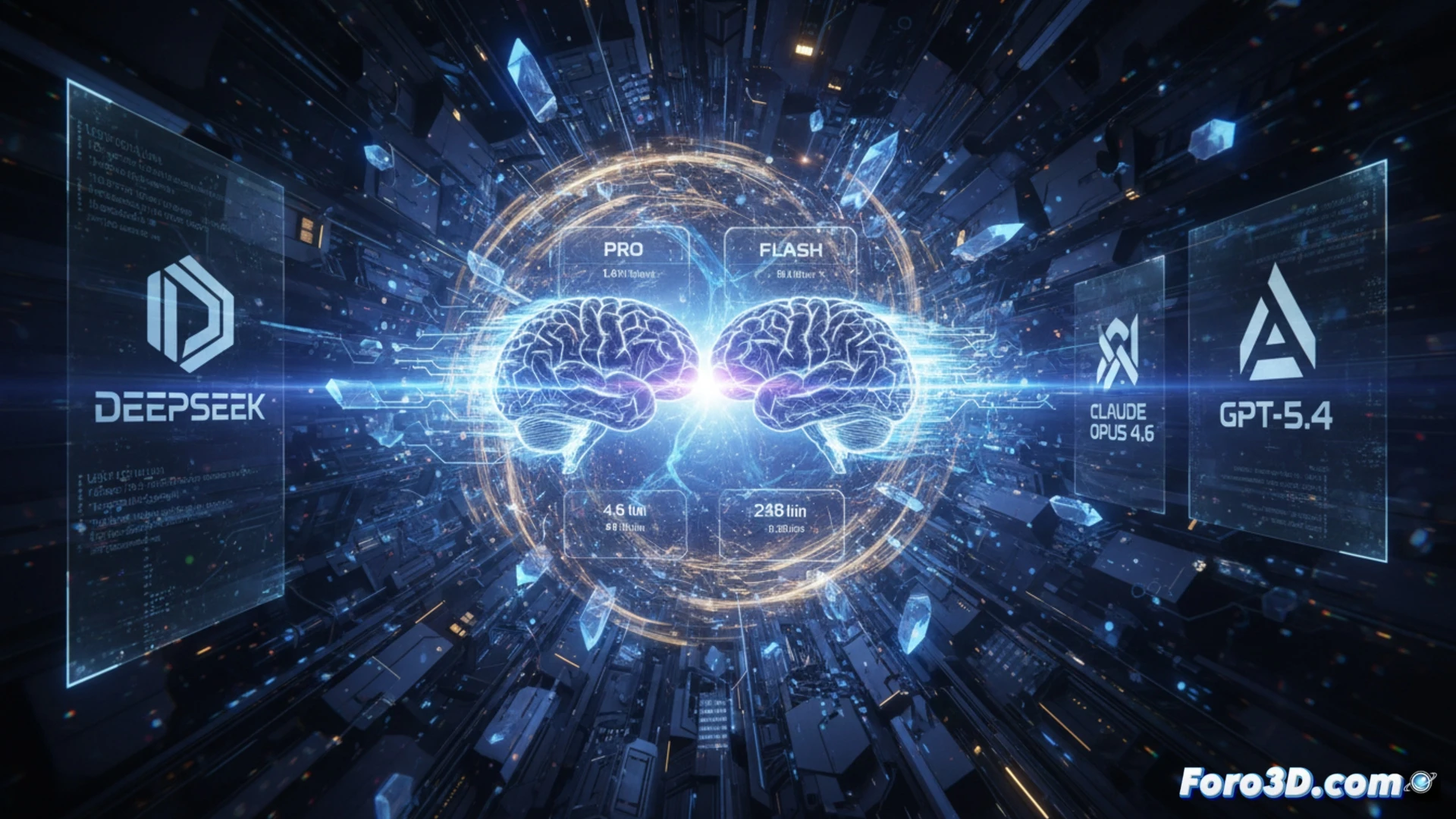 Una ilustración futurista muestra el logo de DeepSeek V4 como un diamante dorado, rodeado de chips de IA y gráficos de barras con precios reducidos, mientras Claude Opus y GPT-5.4 se encogen en segundo plano.