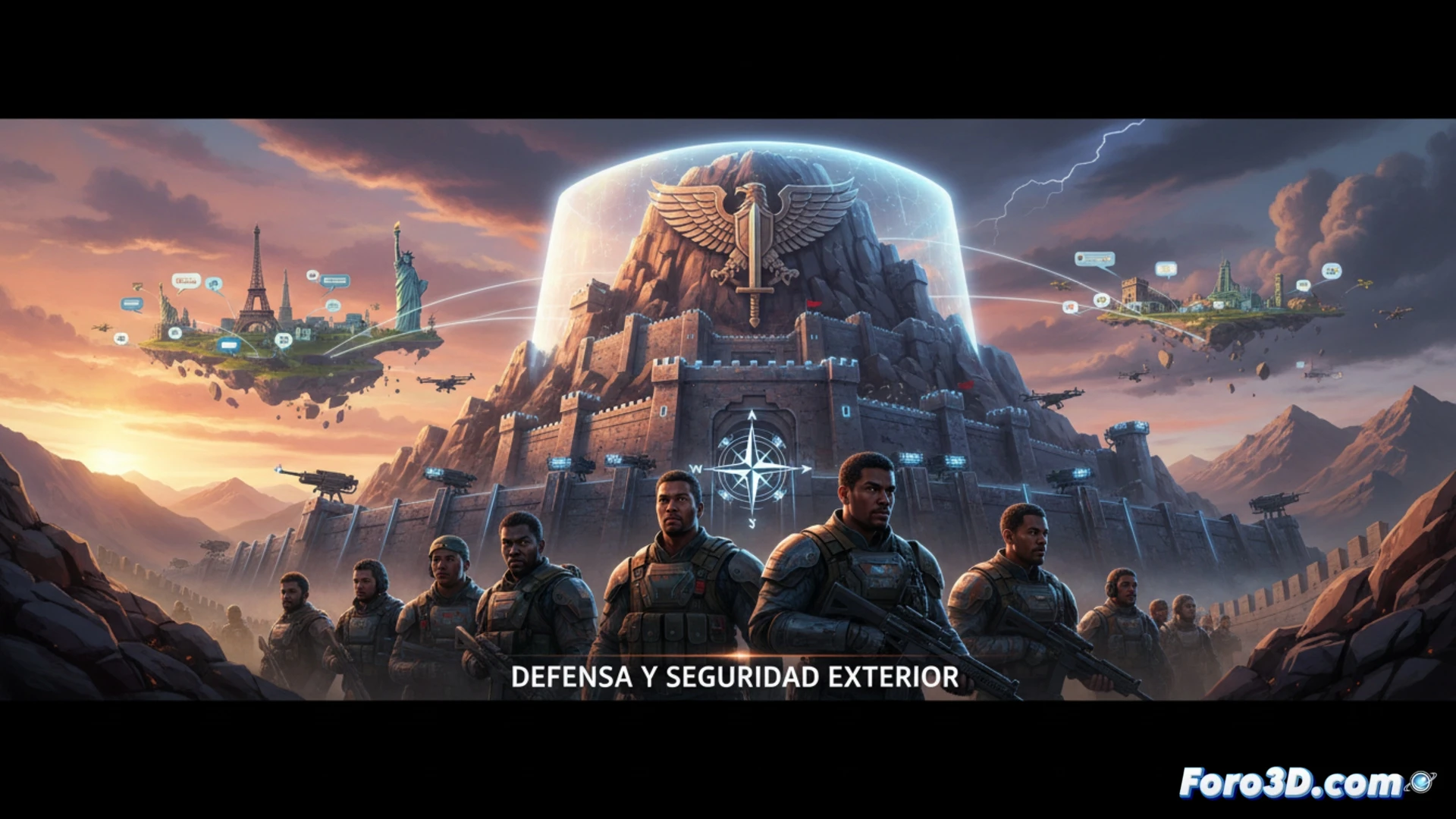 Un mapa del mundo con focos rojos, un soldado vigilante y un escudo nacional simbolizan la defensa prioritaria ante la incertidumbre global.