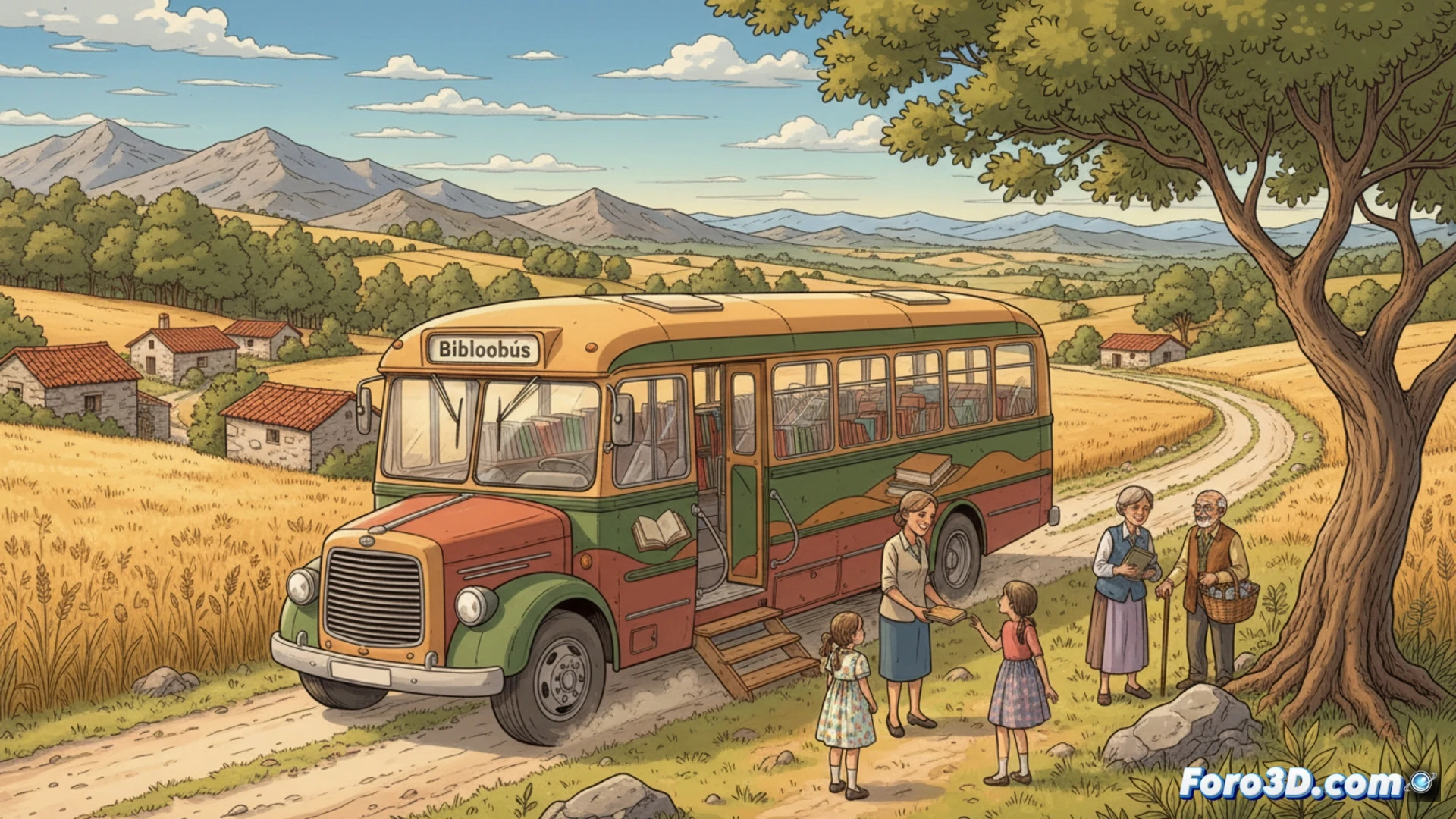 Un bibliobús transformado en laboratorio digital móvil, mostrando a jóvenes interactuando con modelos 3D en una pantalla.