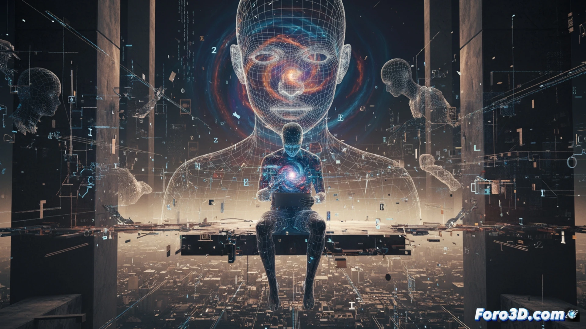 Una figura humana abstracta hecha de fragmentos de cristal digital, reflejando un paisaje interior onírico y fracturado.