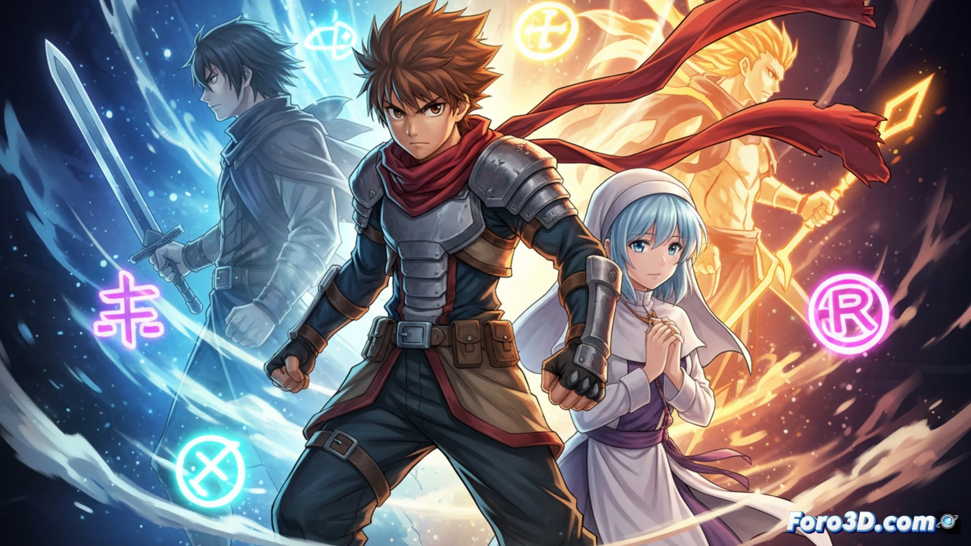 Un par de personajes de videojuego en un momento íntimo, con fondos de mundos de fantasía y ciencia ficción.