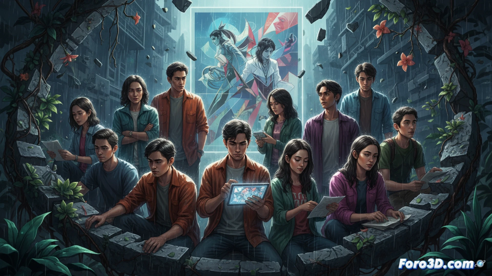 Una joven contempla su reflejo, rodeada de viñetas que muestran pausas y búsquedas en el sudeste asiático.