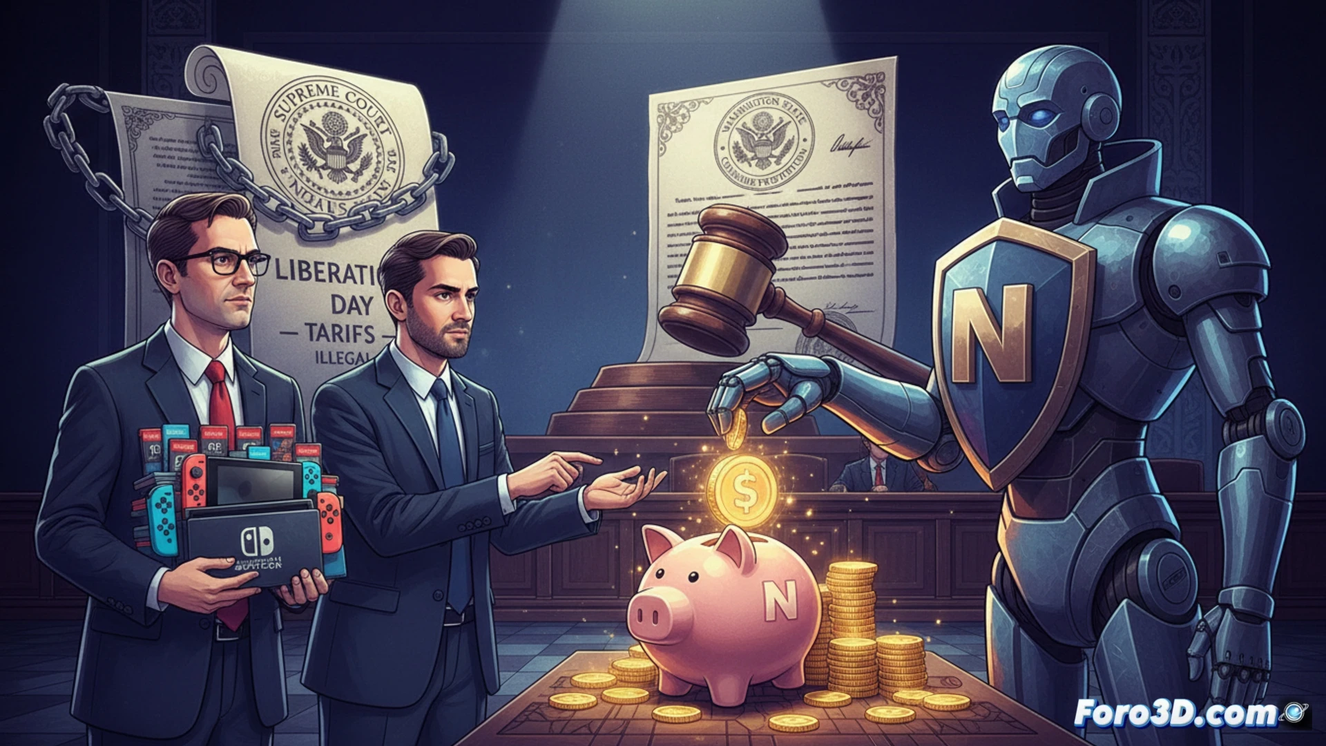 Un grupo de aficionados con pancartas frente a un juzgado de Washington, junto a una consola Nintendo y monedas, simbolizando la demanda por devolución de aranceles.