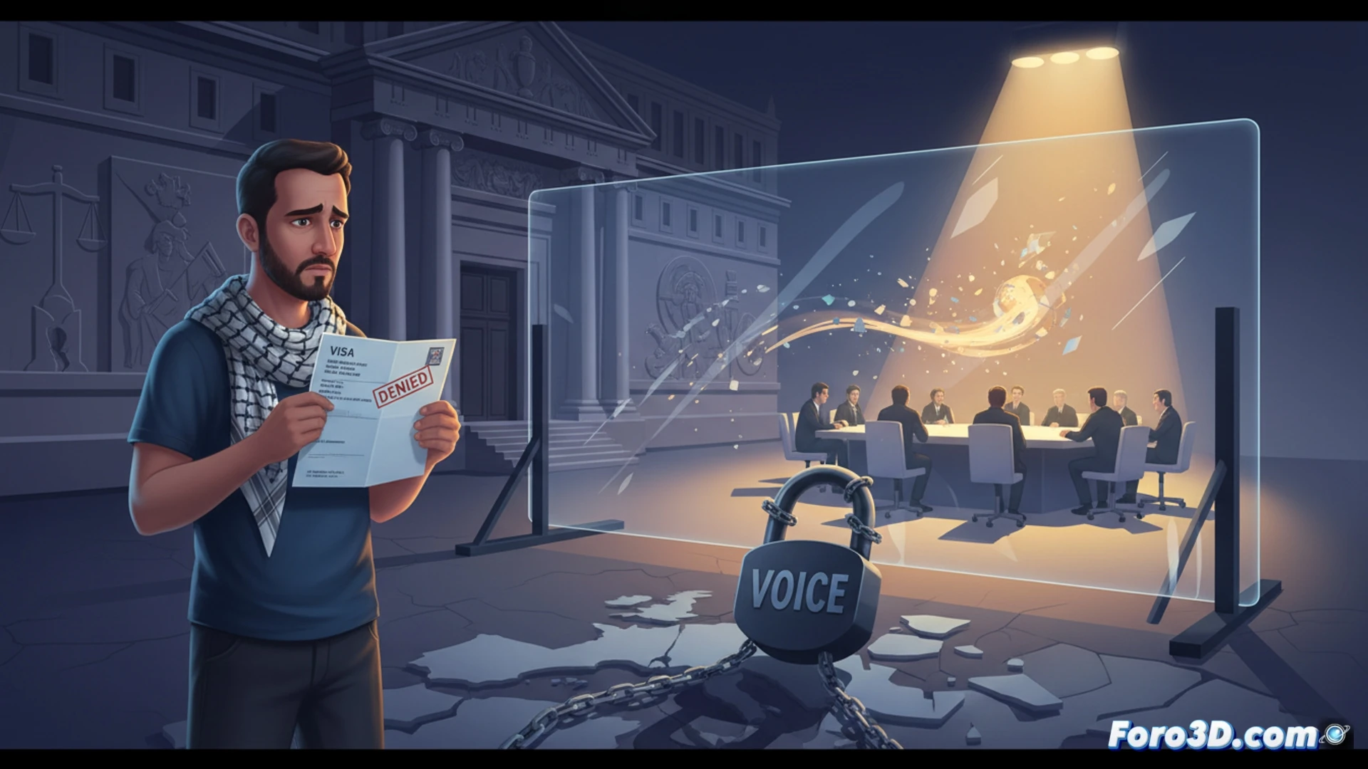 Un hombre palestino con credencial es detenido en un aeropuerto, mientras un foro en Europa se muestra en una pantalla de fondo.