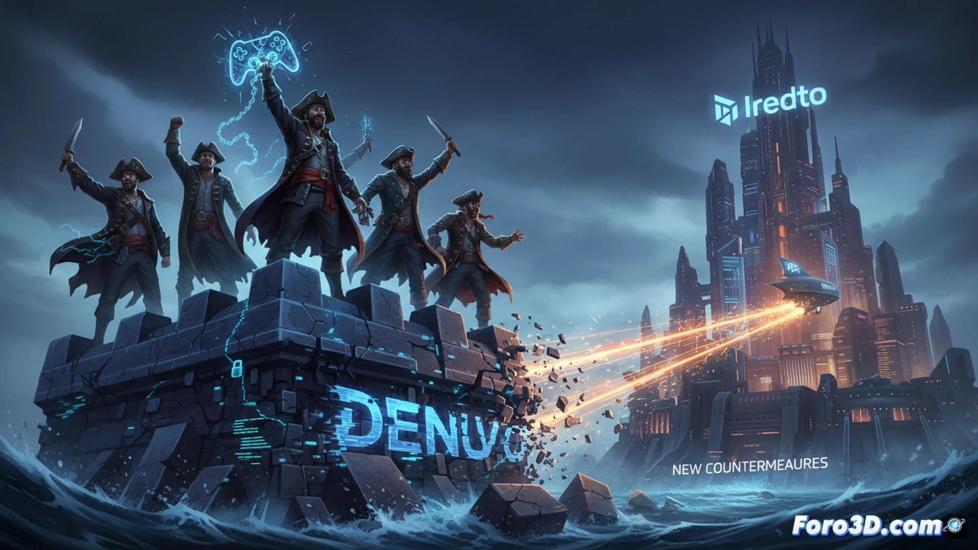 Un escudo digital agrietado, con un juego siendo liberado simbólicamente al mismo tiempo que un reloj marca su lanzamiento oficial.