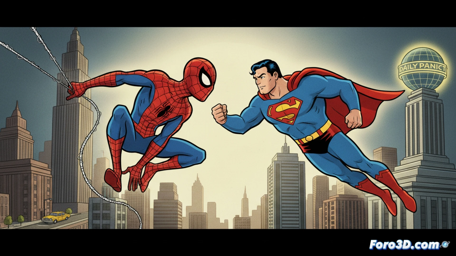 Portadas de cómics de Spider-Man y Superman chocando, bloqueadas por un sello gigante de derechos de autor.