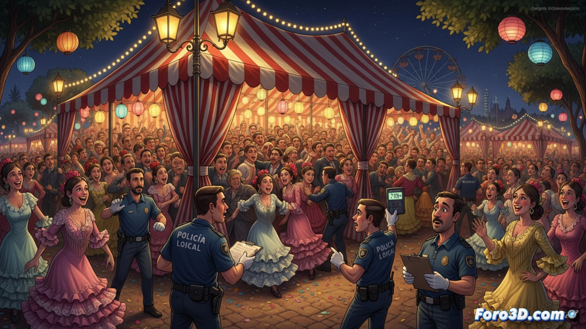 Agentes desalojan una caseta abarrotada en la Feria de Sevilla; 718 personas superan el aforo permitido.