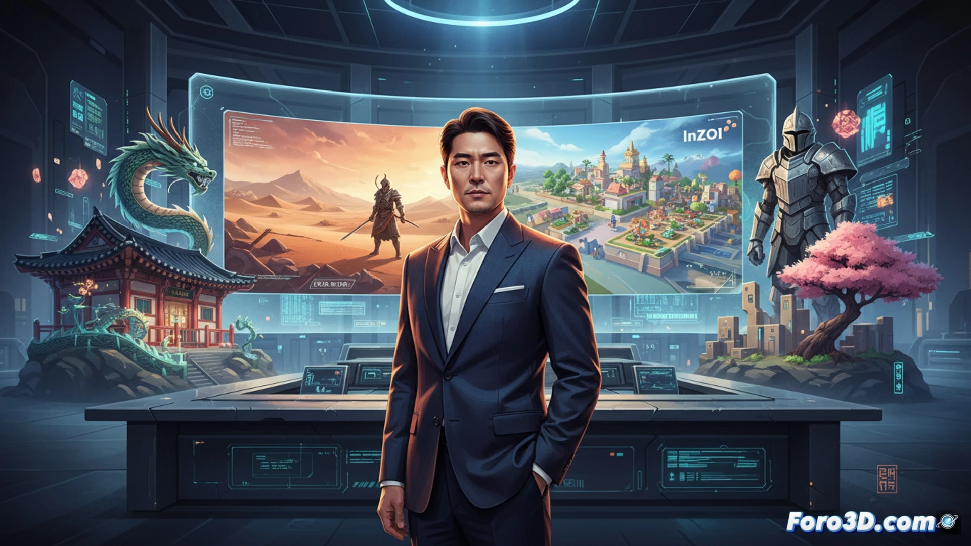 Un desarrollador coreano observa conceptos occidentales en una pizarra, rodeado de bocetos de juegos orientales tradicionales.