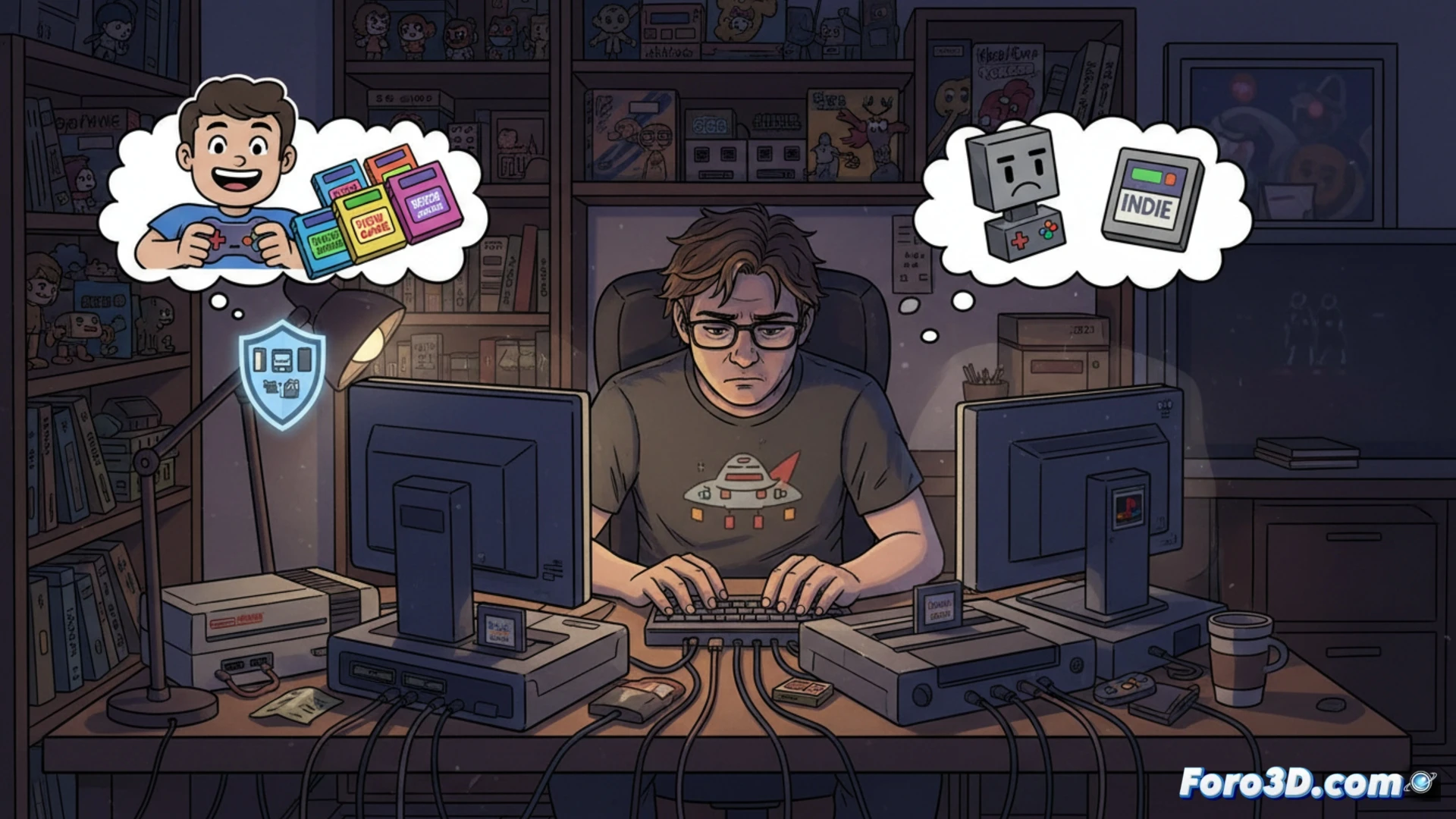 Una imagen que muestre el código fuente de un juego junto a varias consolas retro clásicas, como una SNES y una Game Boy, ejecutando la misma escena pixelada.