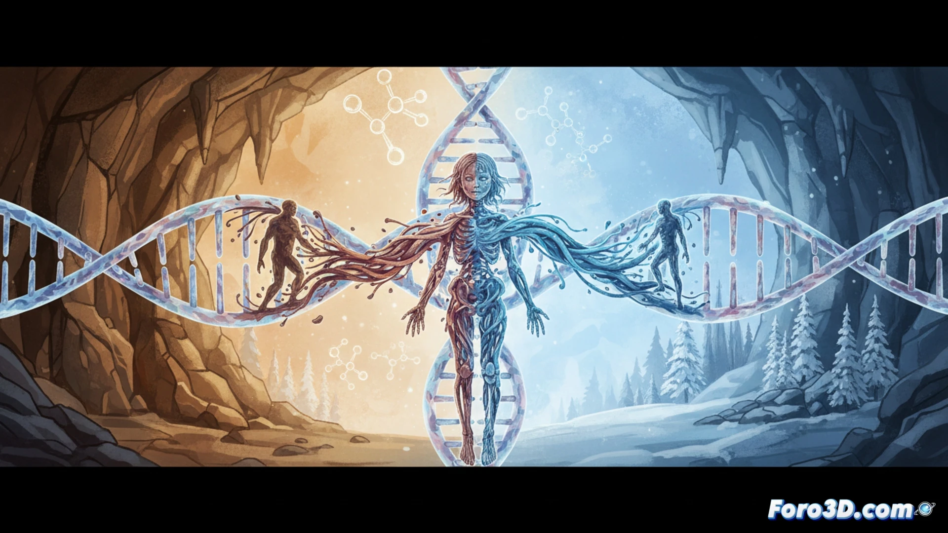 Una adolescente antigua, hija de madre neandertal y padre denisovano, representada en una cueva.