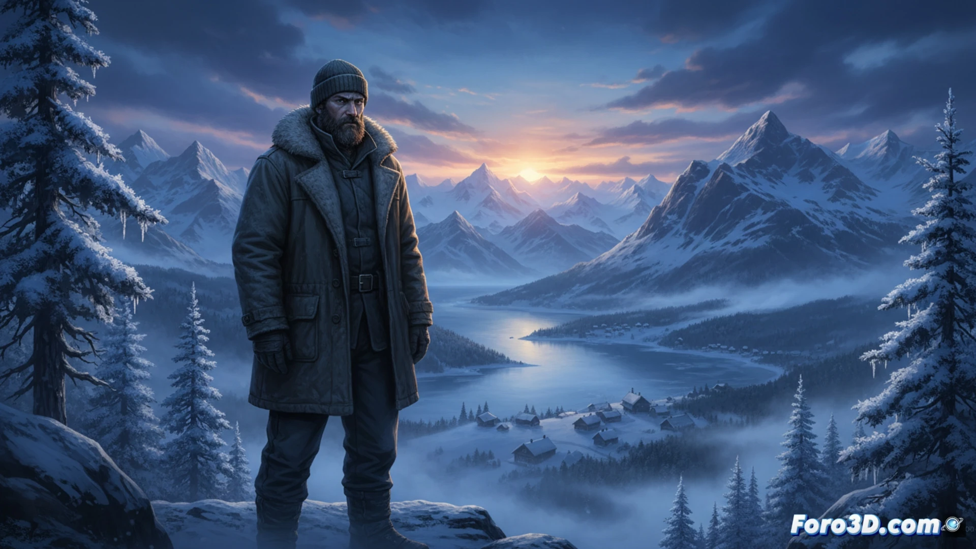 Un inspector solitario en gabardina oscura camina bajo la lluvia en Oslo, con luces de neón reflejadas en el asfalto mojado.