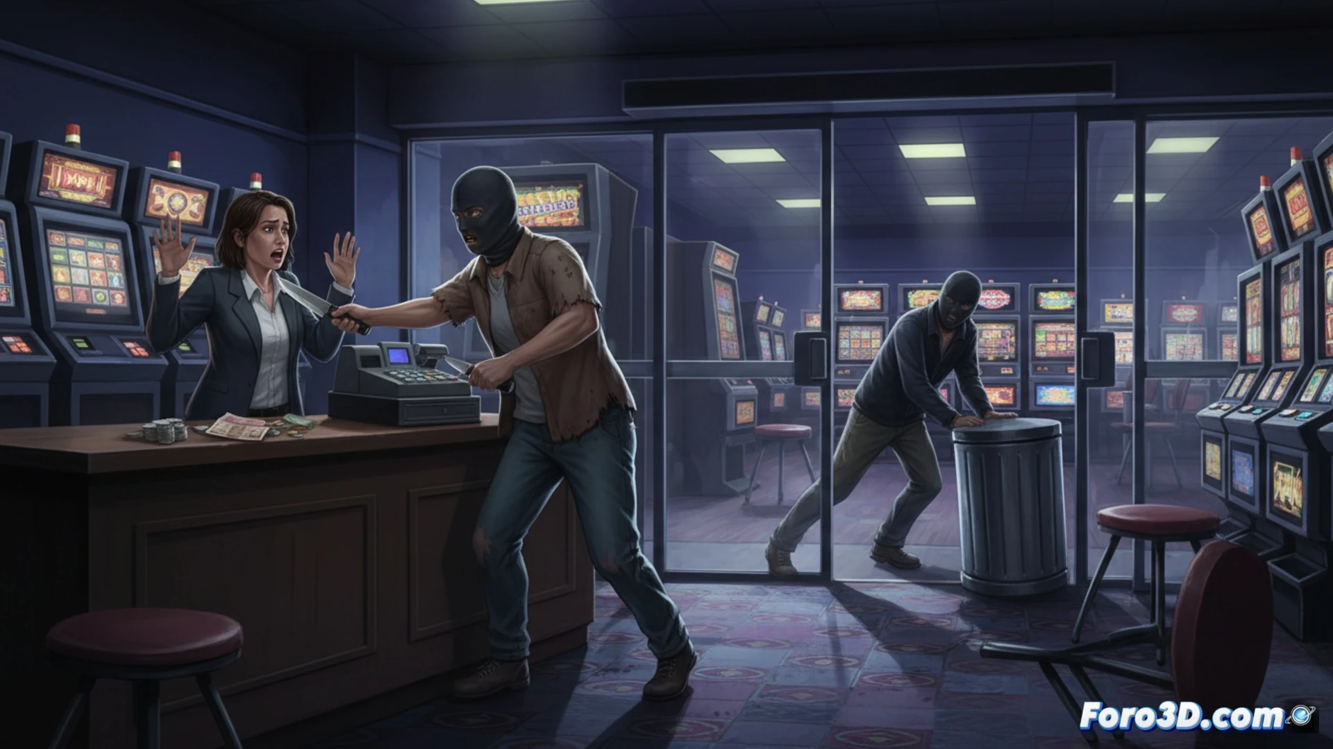 Dos encapuchadas irrumpen en un salón de juegos al amanecer; una blande un cuchillo de cocina contra la empleada junto a la caja.