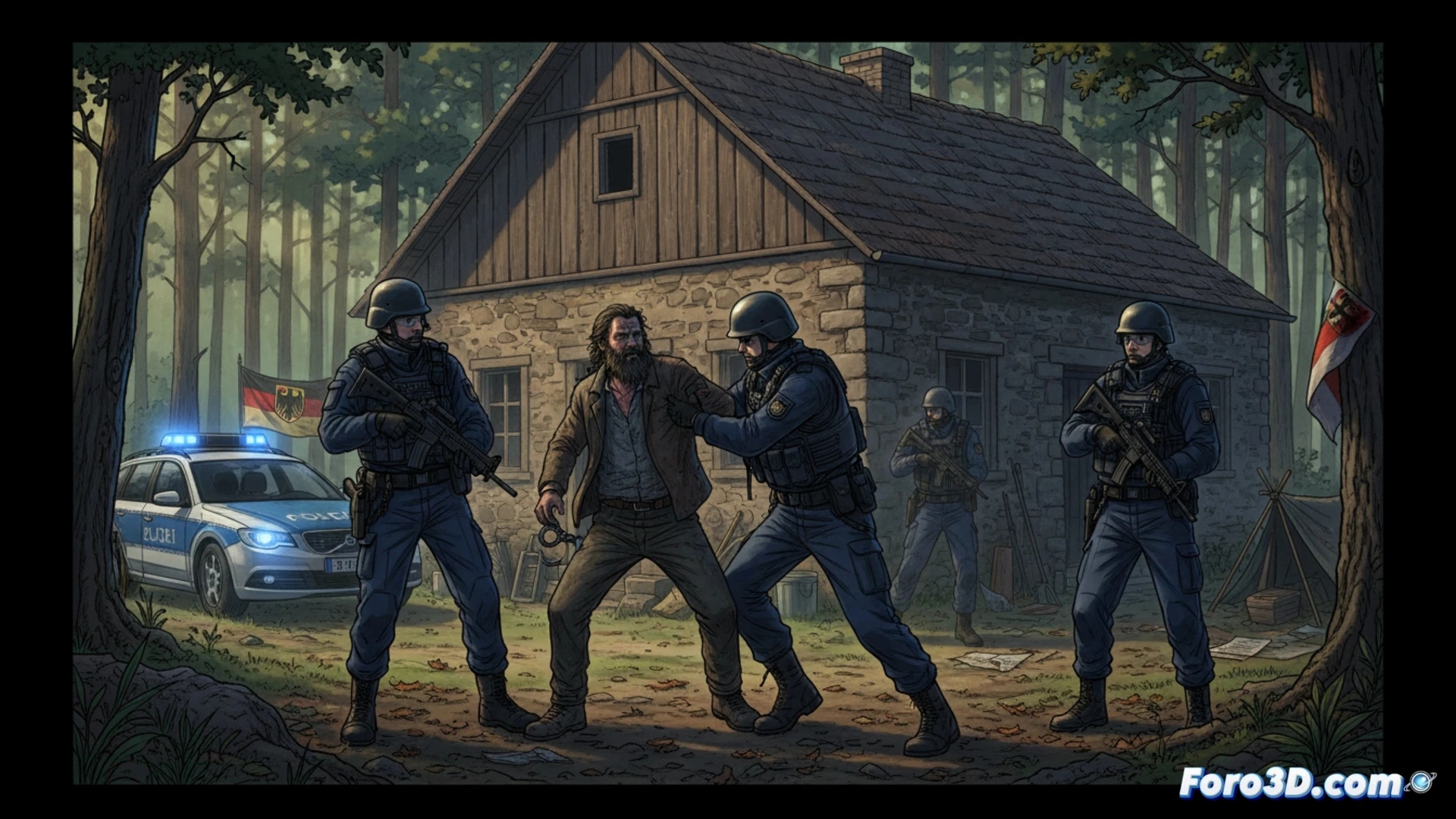 Un agente de policía detiene a un hombre en un bosque de Turingia al amanecer.