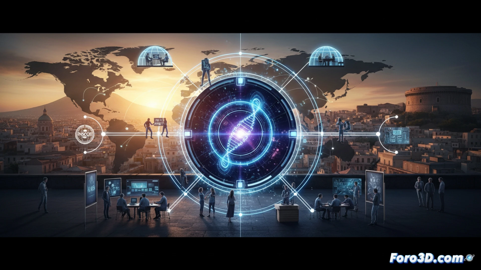 Una ilustración vibrante de partículas cuánticas interactuando sobre un mapa mundial, con destellos en ciudades como Nápoles.